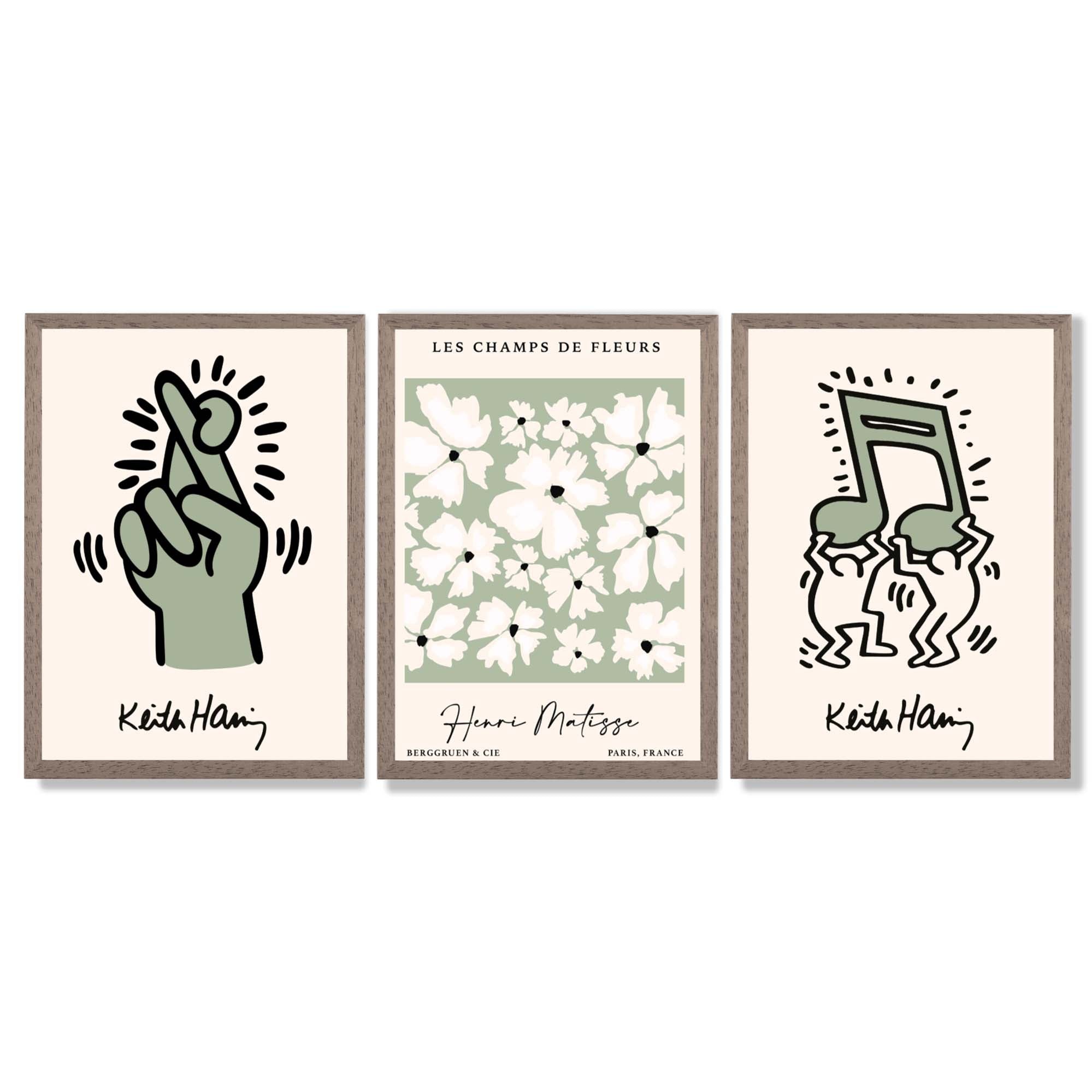 Set of 3 Keith Haring meets Matisse in Green Framed Wall Art with Light Walnut Frames