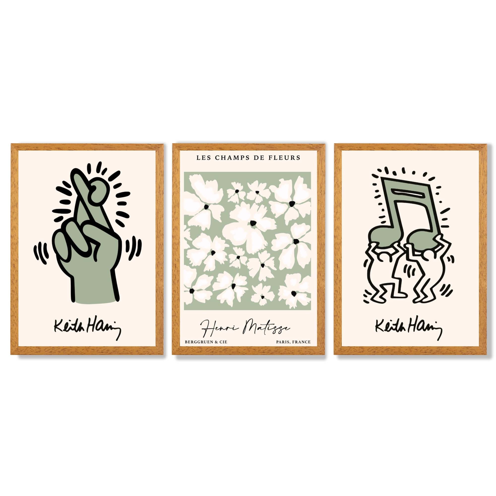 Set of 3 Keith Haring meets Matisse in Green Framed Wall Art with Oak Wooden Frames