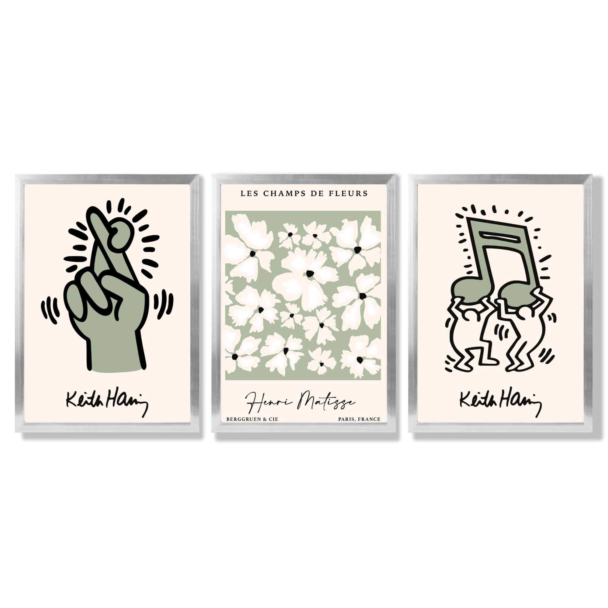Set of 3 Keith Haring meets Matisse in Green Framed Wall Art with Silver Wood Frames