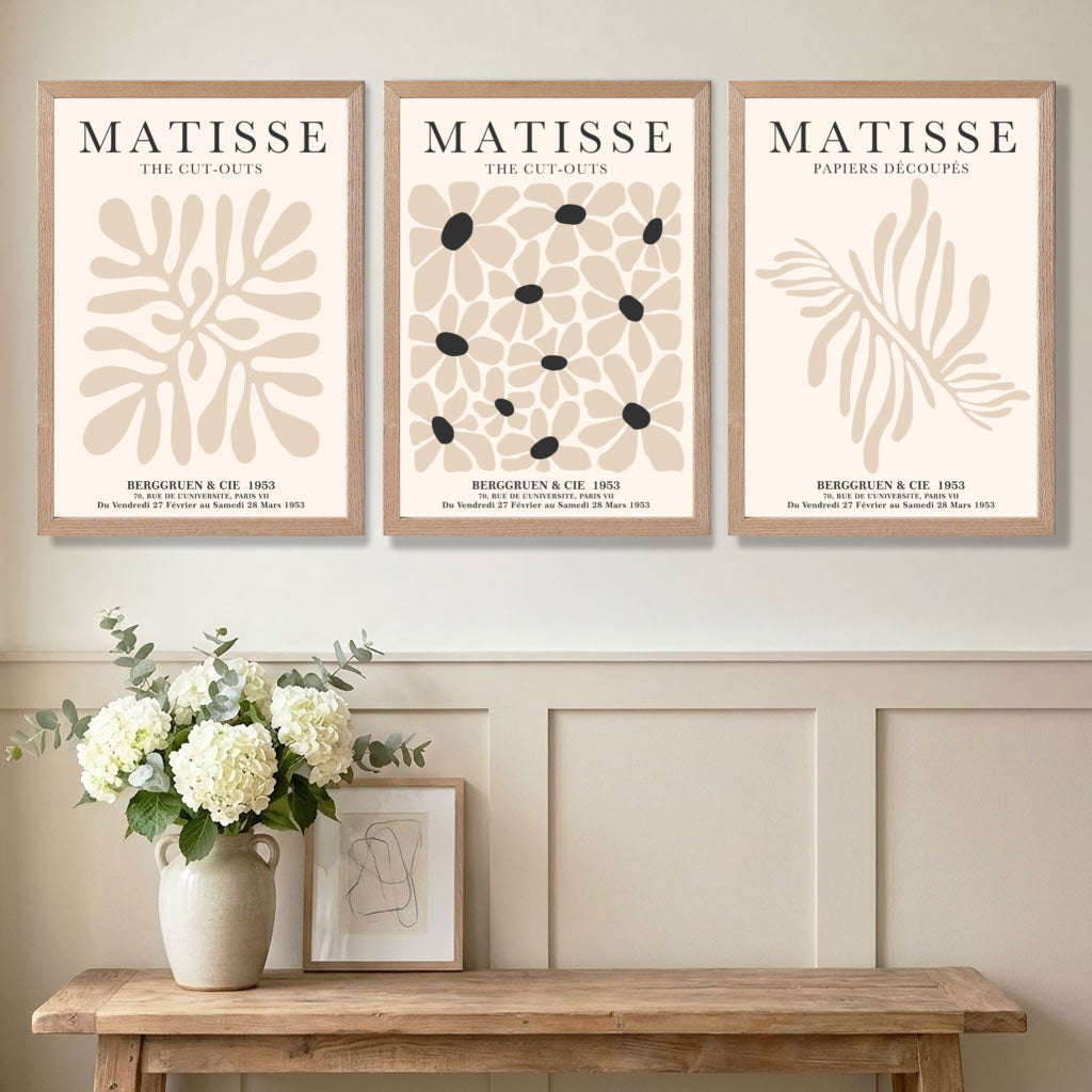 Set of 3 Matisse Floral Neutral Beige Art Prints in Oak Frames in quiet luxury decor | Artze UK