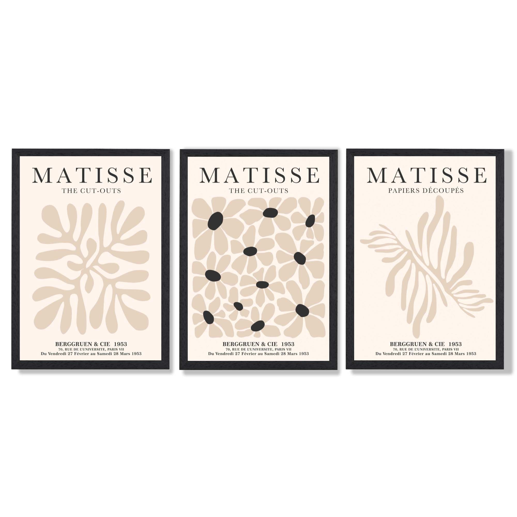 Set of 3 Matisse Floral Neutral Beige Framed Wall Art with Black Wooden Frames