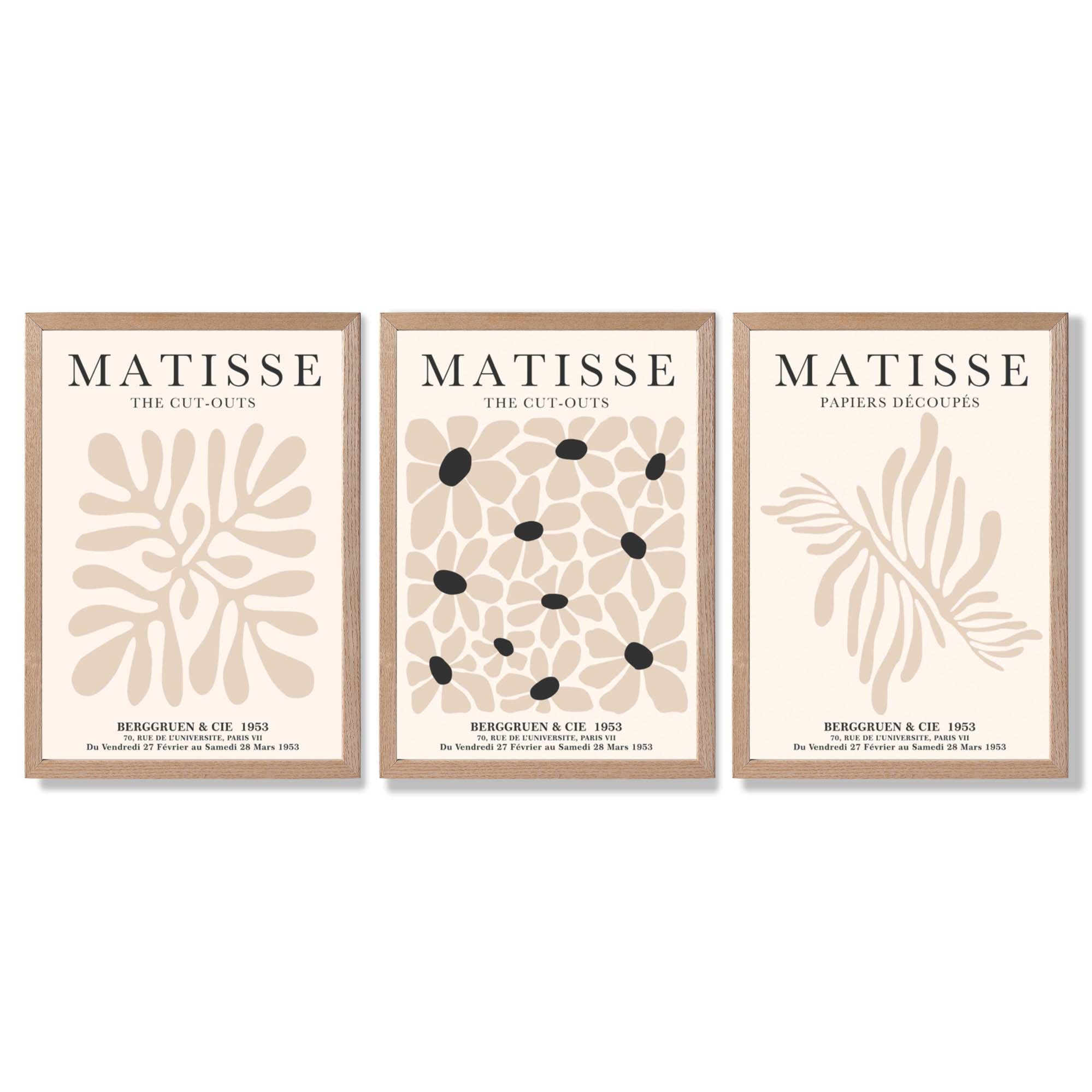 Set of 3 Matisse Floral Neutral Beige Framed Wall Art with Light Oak Frames