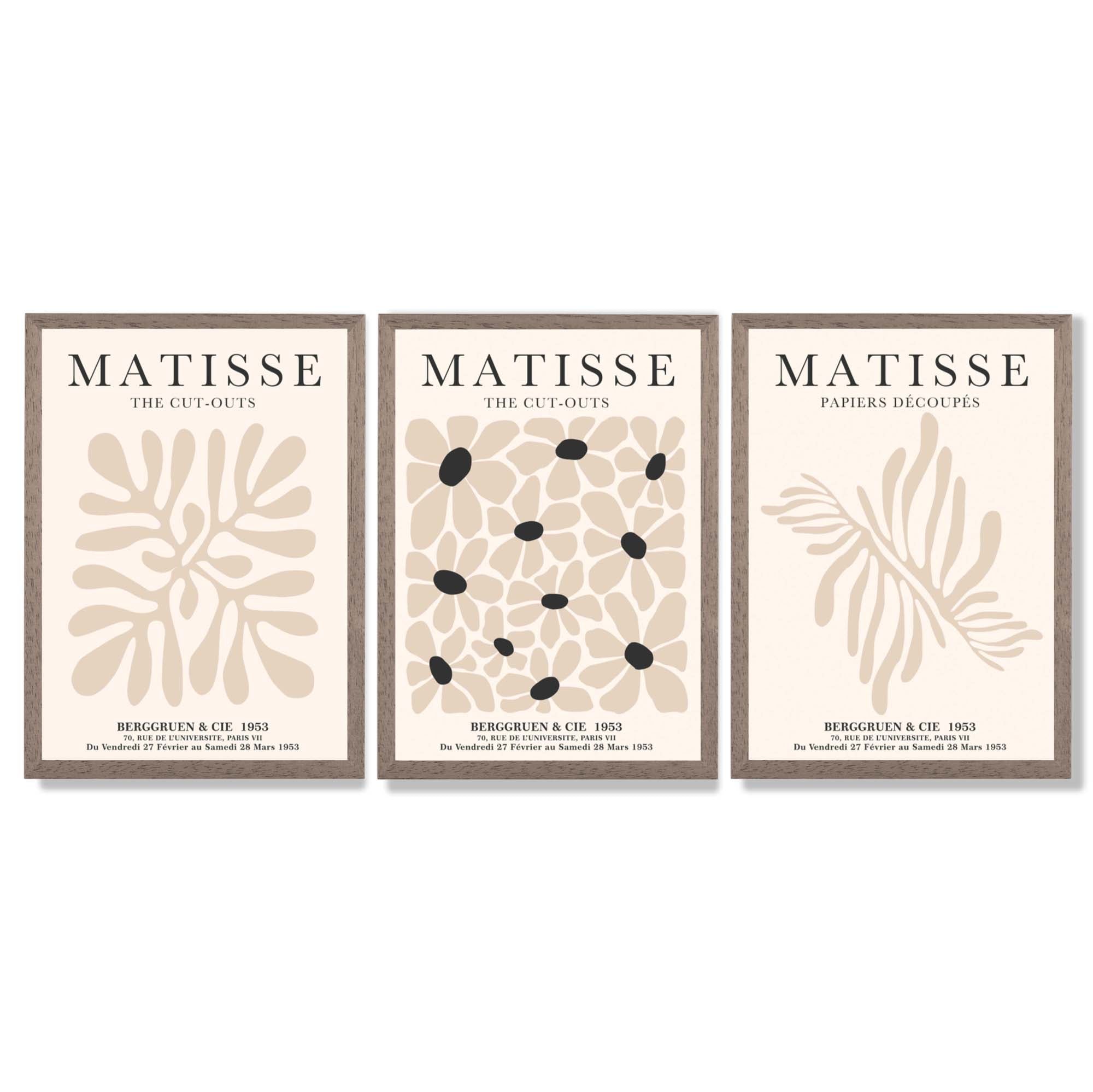 Set of 3 Matisse Floral Neutral Beige Framed Wall Art with Light Walnut Frames