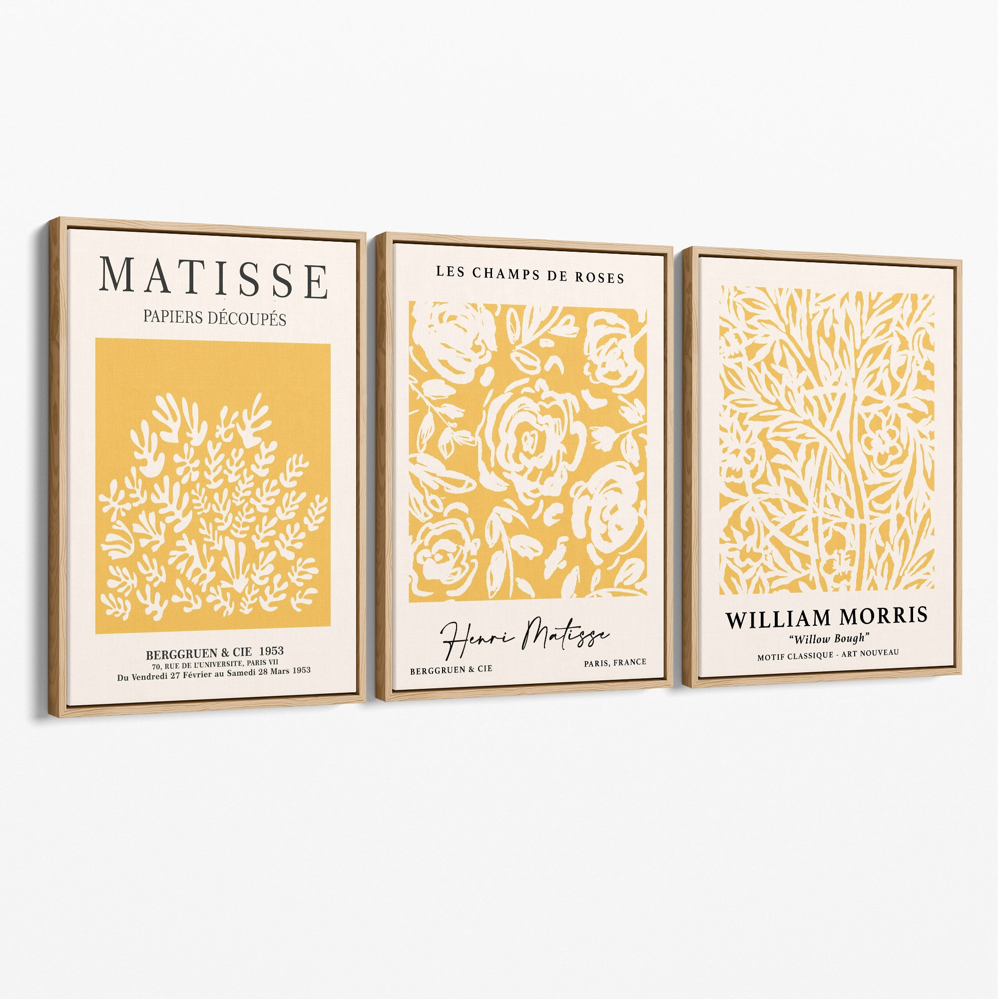 Set of 3 Matisse & William Morris Floral in Yellow Canvas Prints with Oak Float Frame