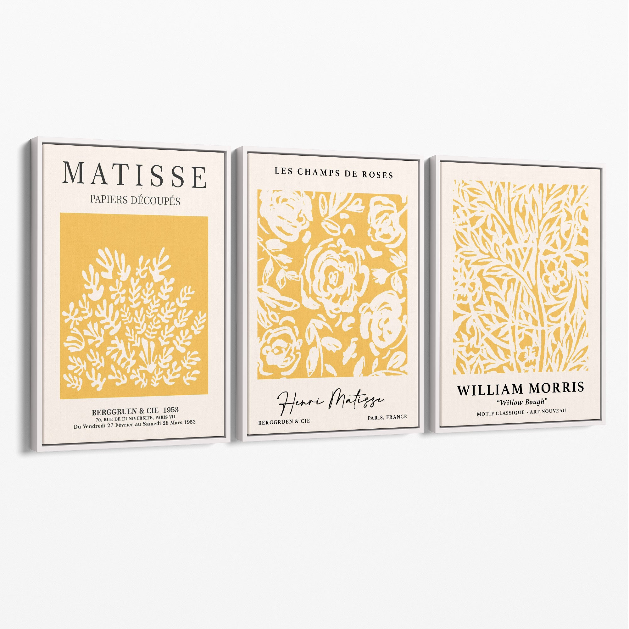 Set of 3 Matisse & William Morris Floral in Yellow Canvas Prints with White Float Frame