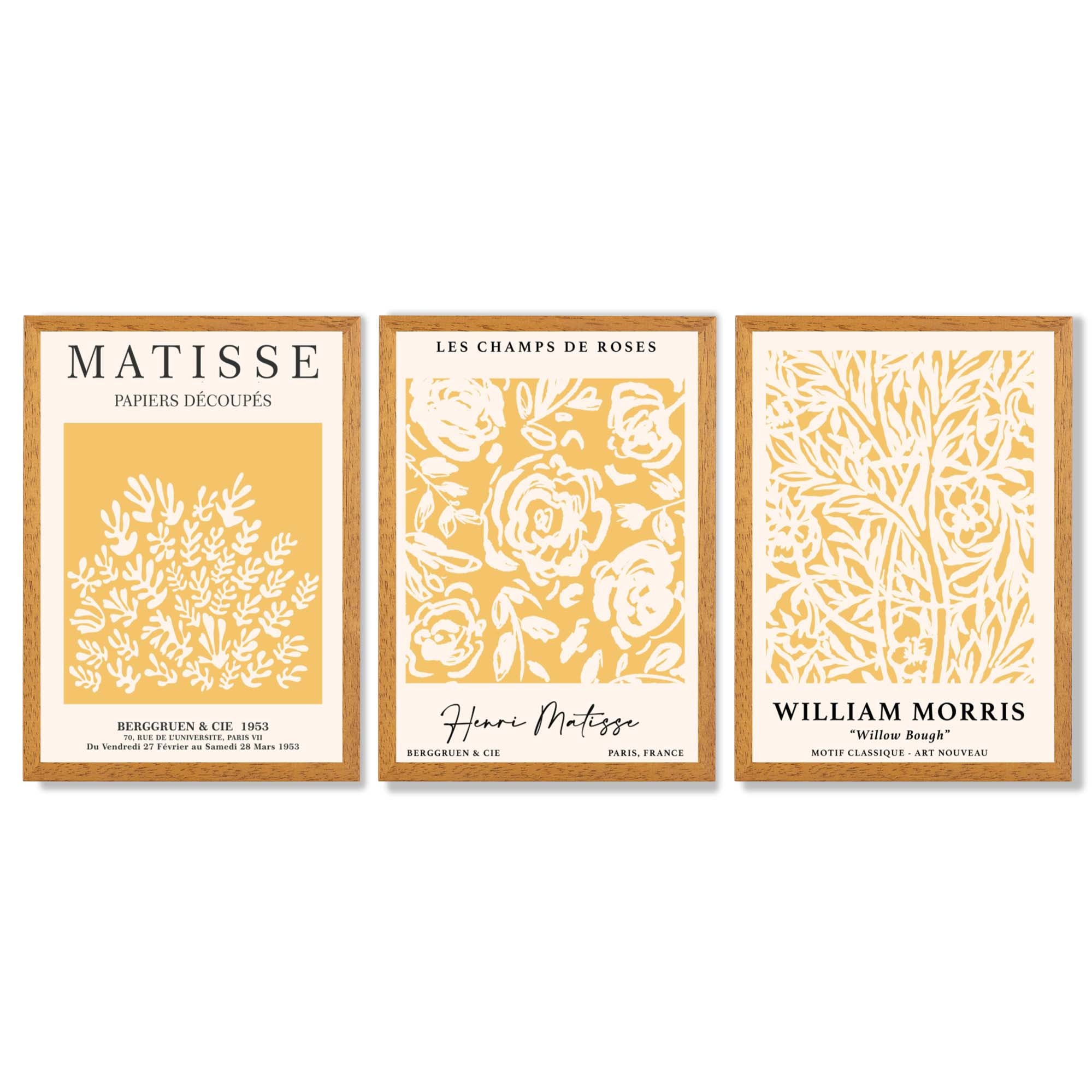 Set of 3 Matisse & William Morris Floral in Yellow Framed Wall Art with Oak Wooden Frames