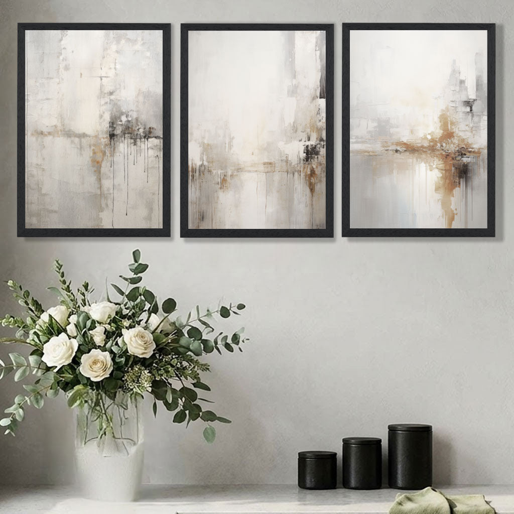 Set of 3 Minimal Abstract Neutral Greige Art Prints in Black Frames | Artze UK