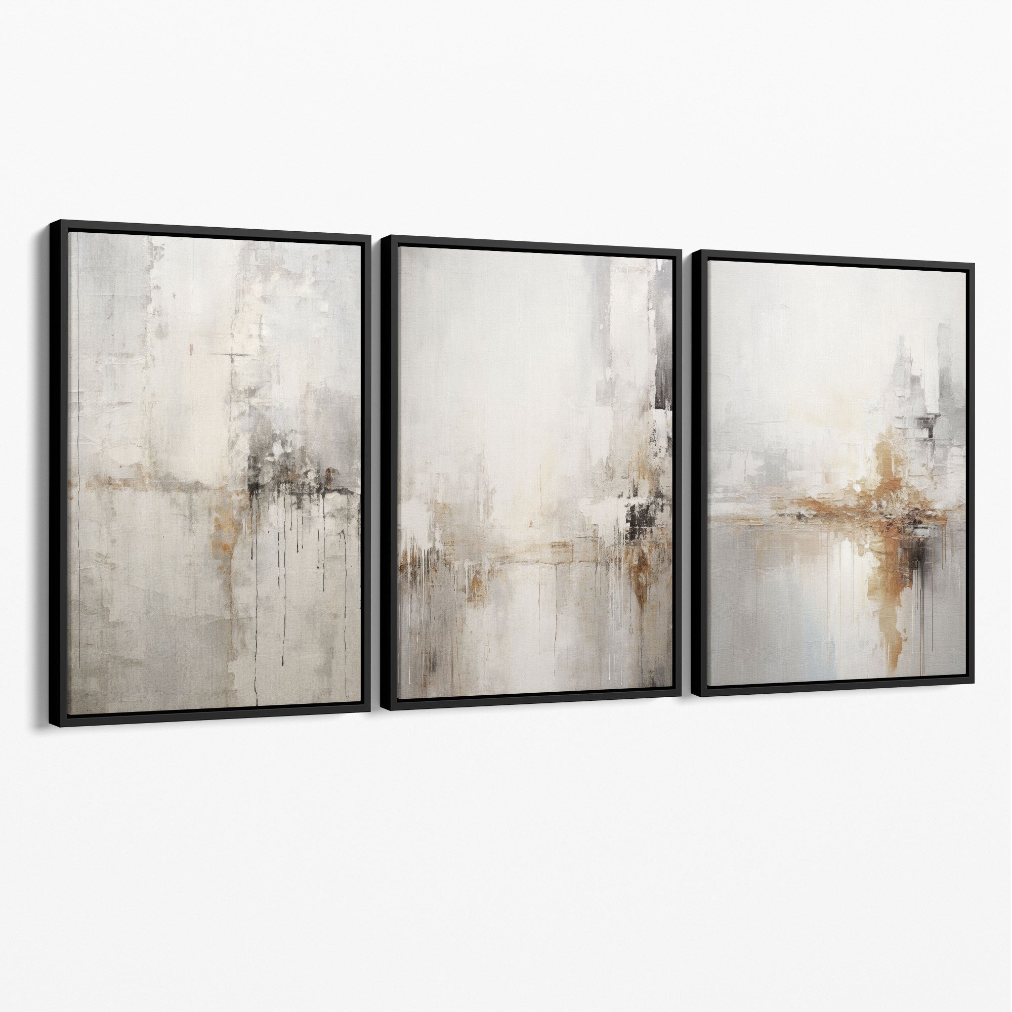 Set of 3 Minimal Abstract Neutral Greige Canvas Prints with Black Float Frame