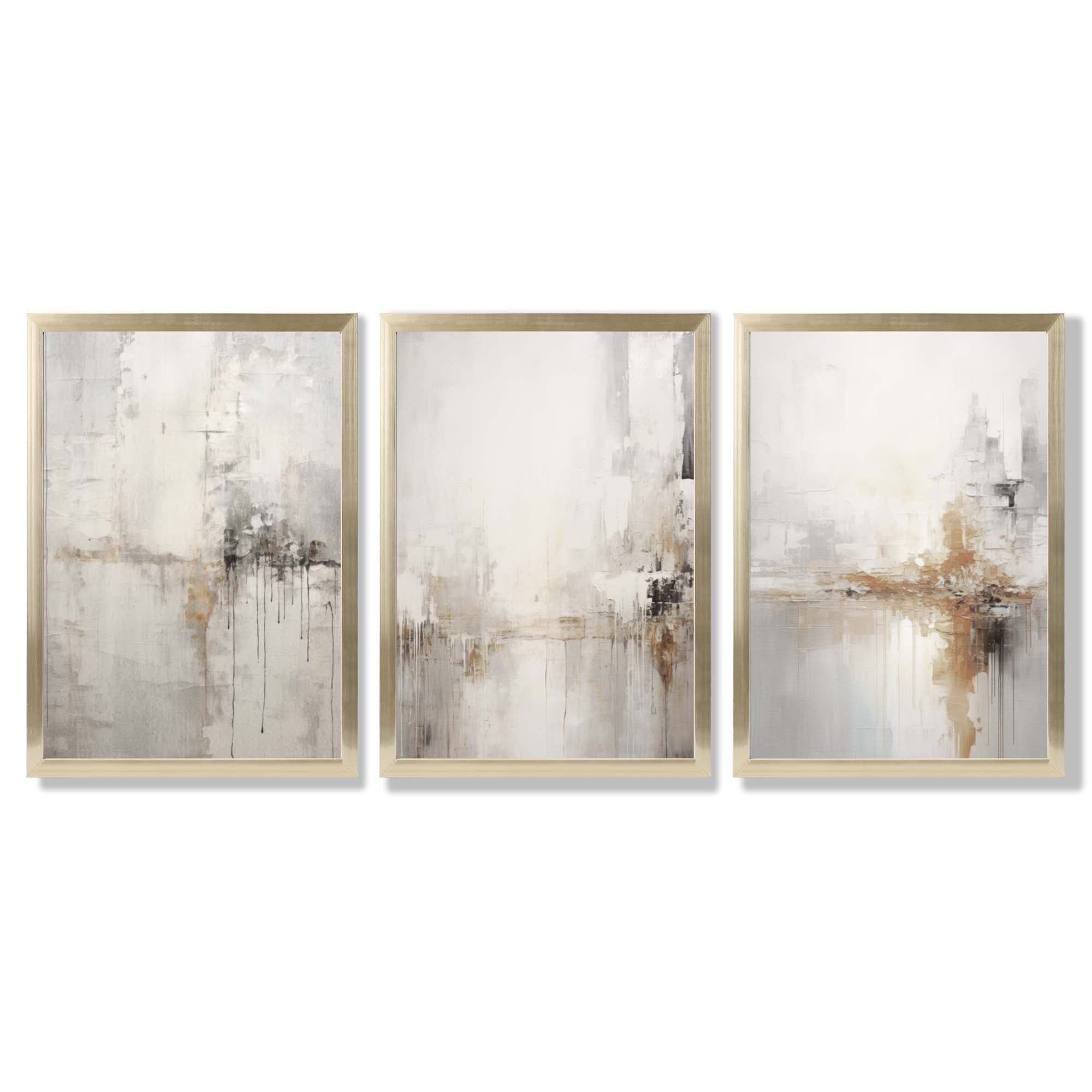Set of 3 Minimal Abstract Neutral Greige Framed Wall Art with Gold Wood Frames