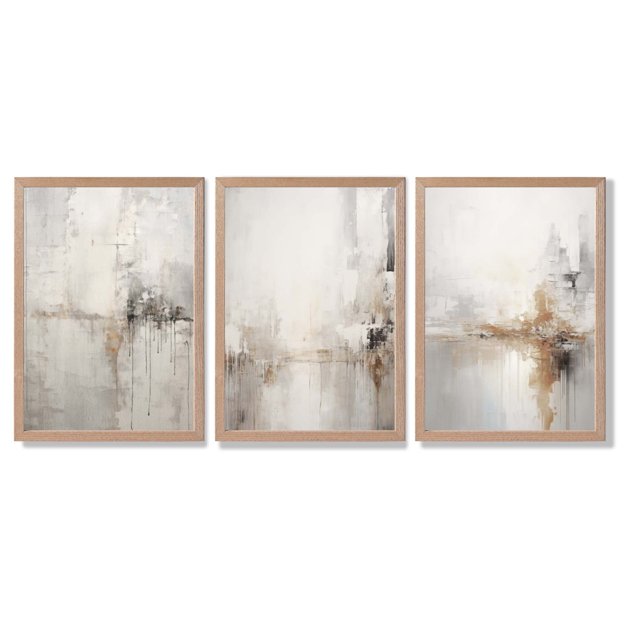 Set of 3 Minimal Abstract Neutral Greige Framed Wall Art with Light Oak Frames