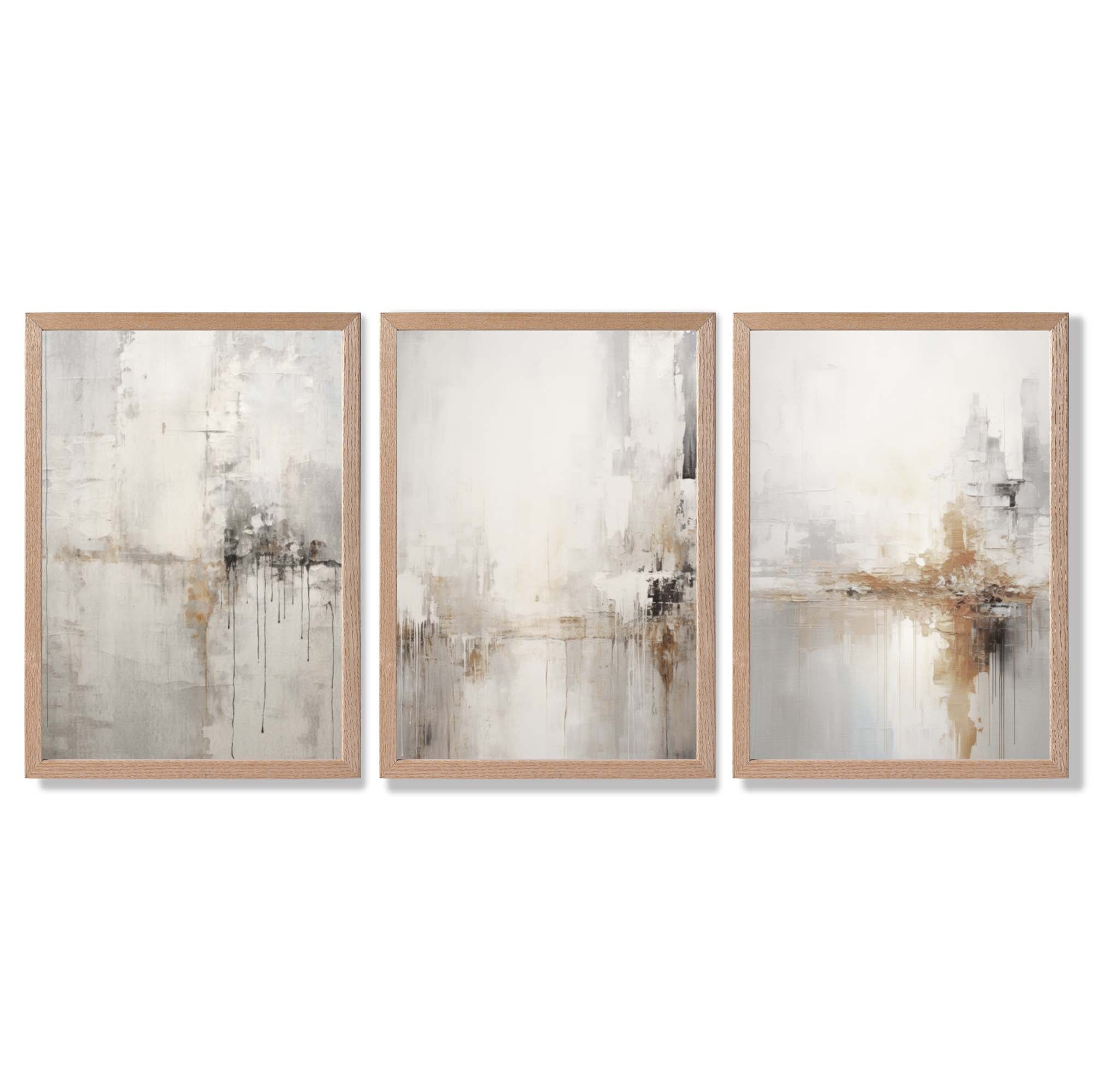 Set of 3 Minimal Abstract Neutral Greige Framed Wall Art with Light Oak Frames