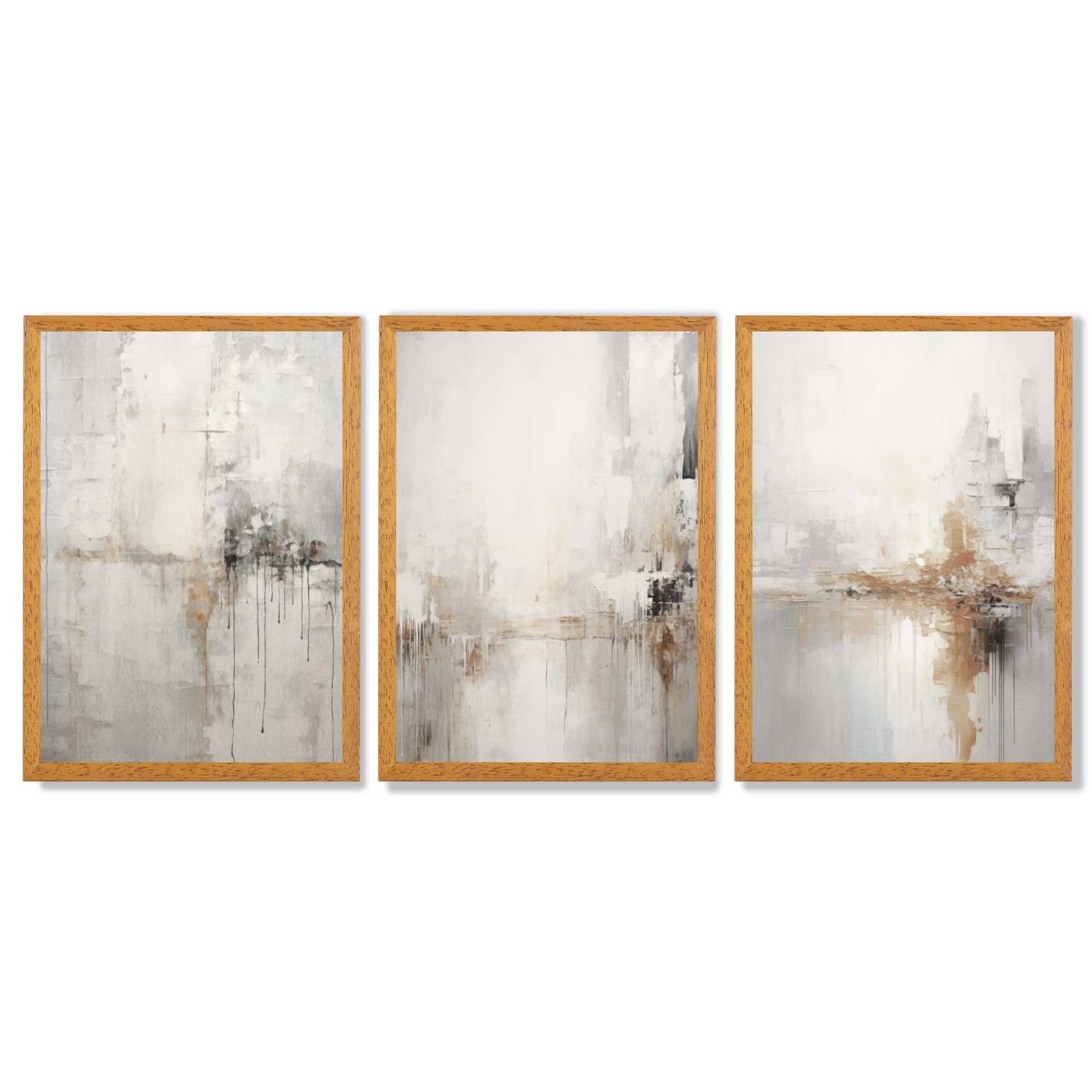 Set of 3 Minimal Abstract Neutral Greige Framed Wall Art with Oak Wooden Frames