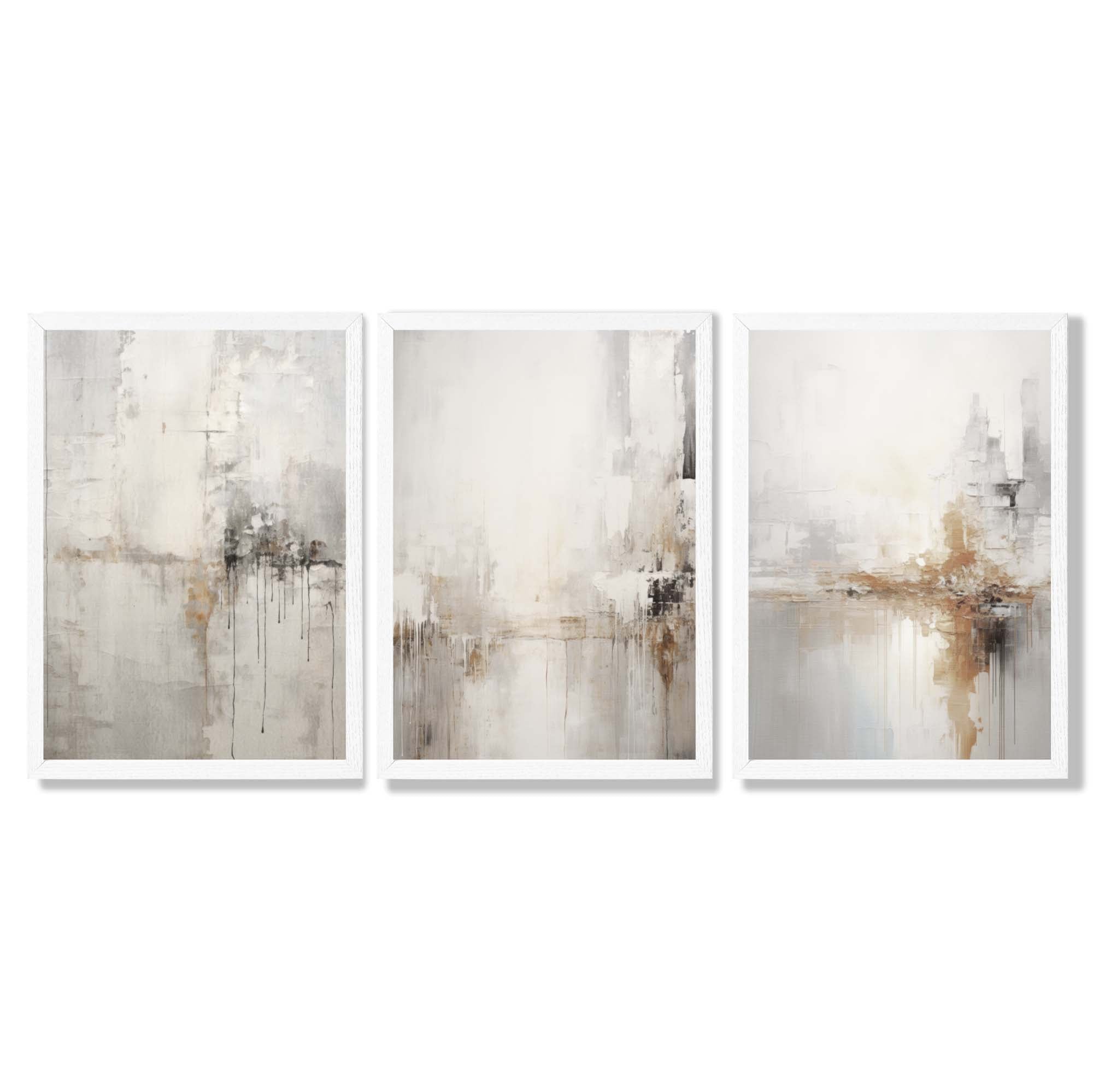 Set of 3 Minimal Abstract Neutral Greige Framed Wall Art with White Wooden Frames