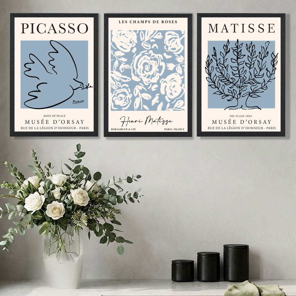 Set of 3 Minimal Matisse and Picasso Light Blue Nature Themed Art Prints in Black Frames | Artze UK