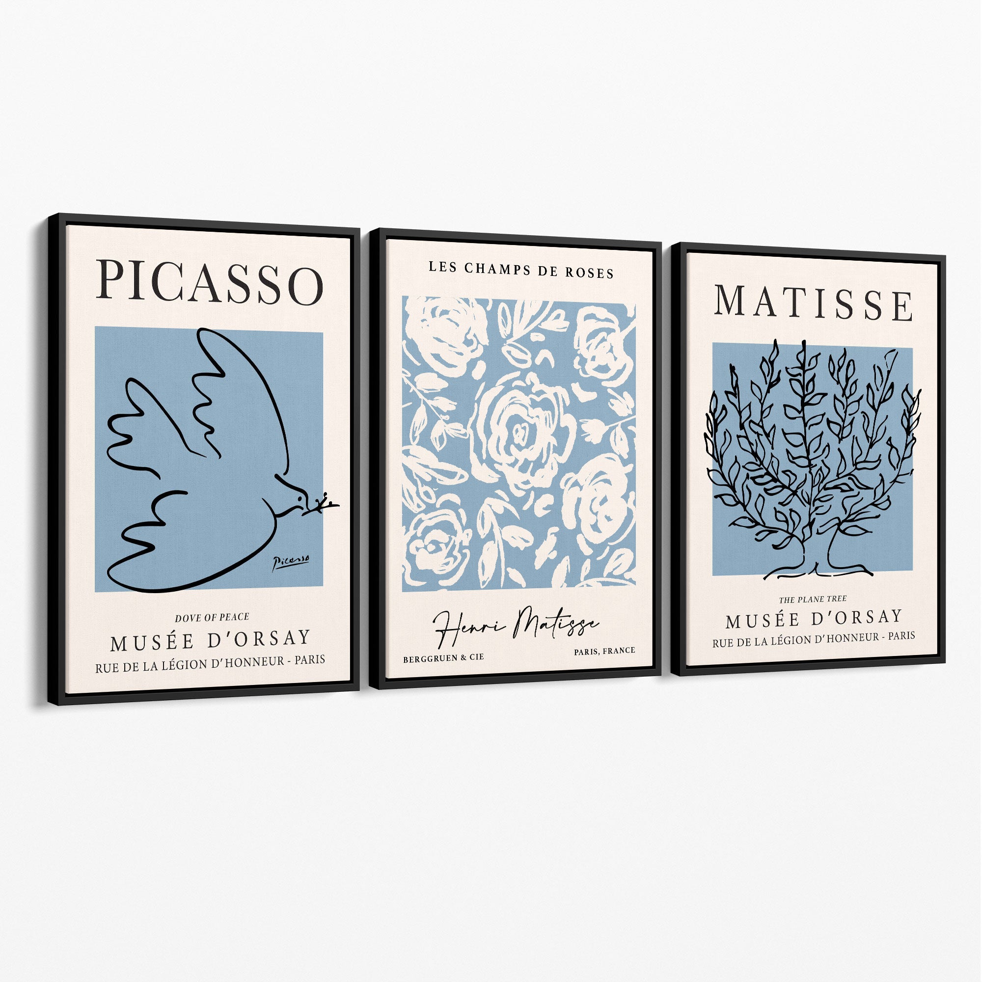 Set of 3 Minimal Picasso,Matisse Light Blue Nature Themed Canvas Prints with Black Float Frame