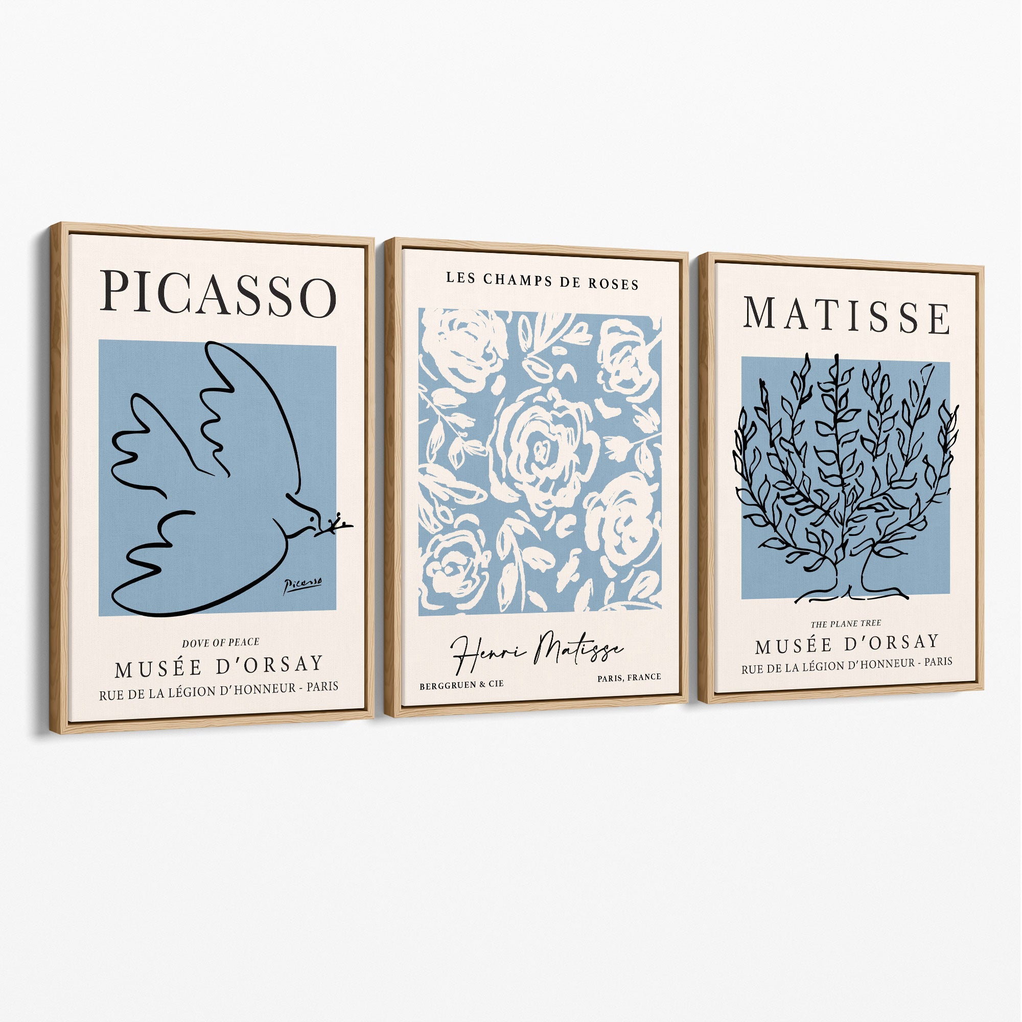 Set of 3 Minimal Picasso,Matisse Light Blue Nature Themed Canvas Prints with Oak Float Frame