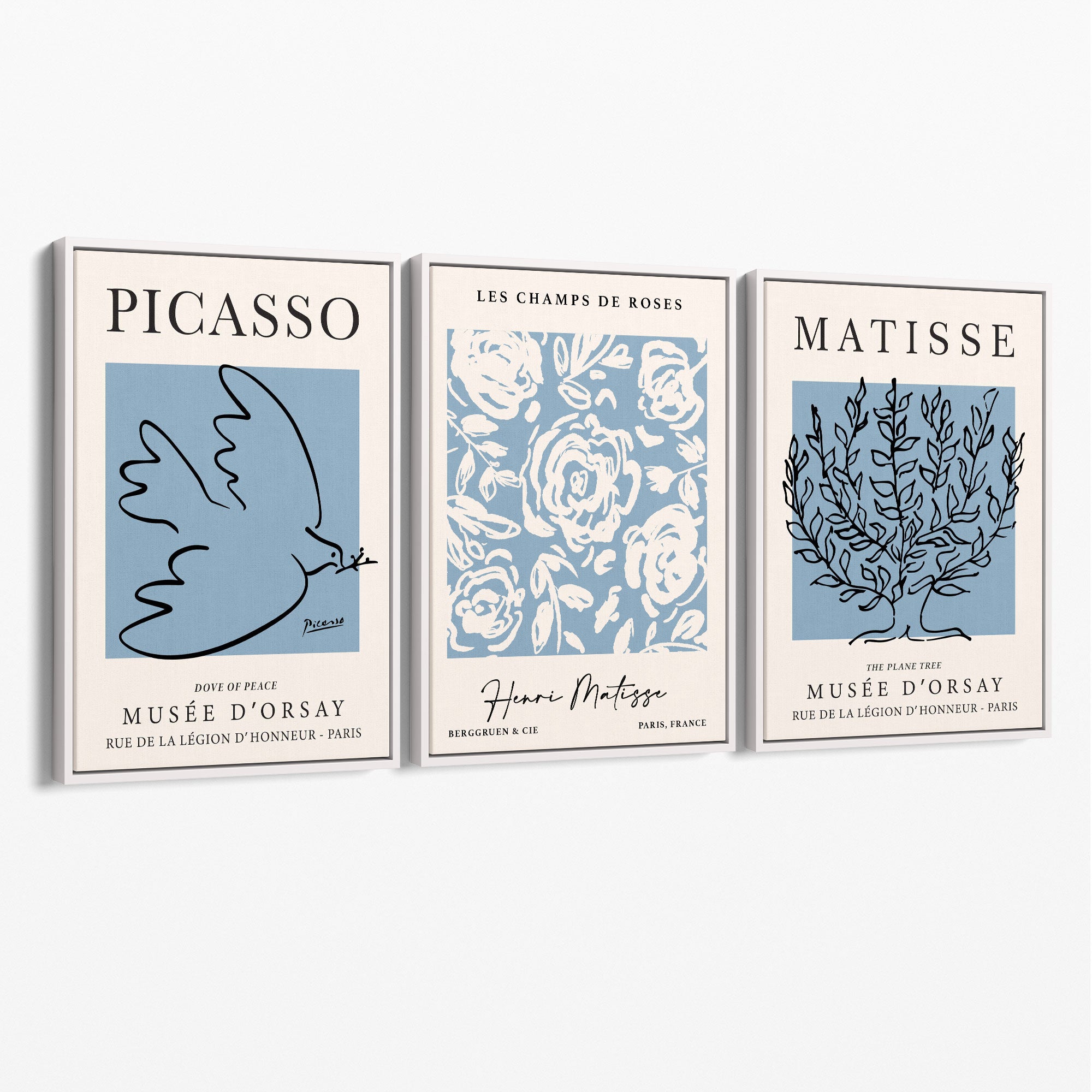 Set of 3 Minimal Picasso,Matisse Light Blue Nature Themed Canvas Prints with White Float Frame