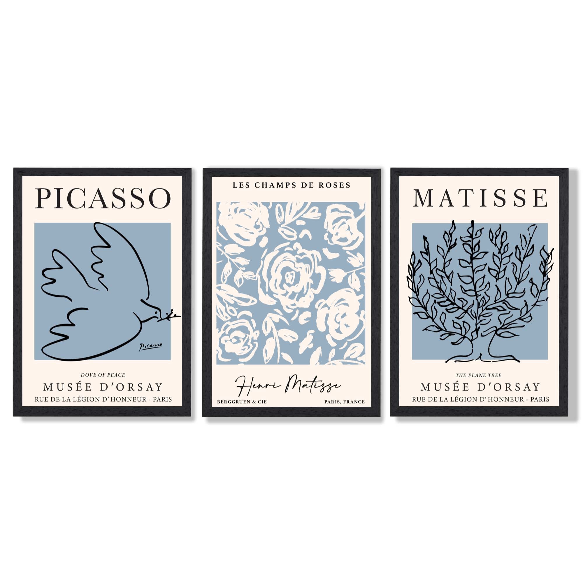 Set of 3 Minimal Picasso,Matisse Light Blue Nature Themed Framed Wall Art with Black Wooden Frames