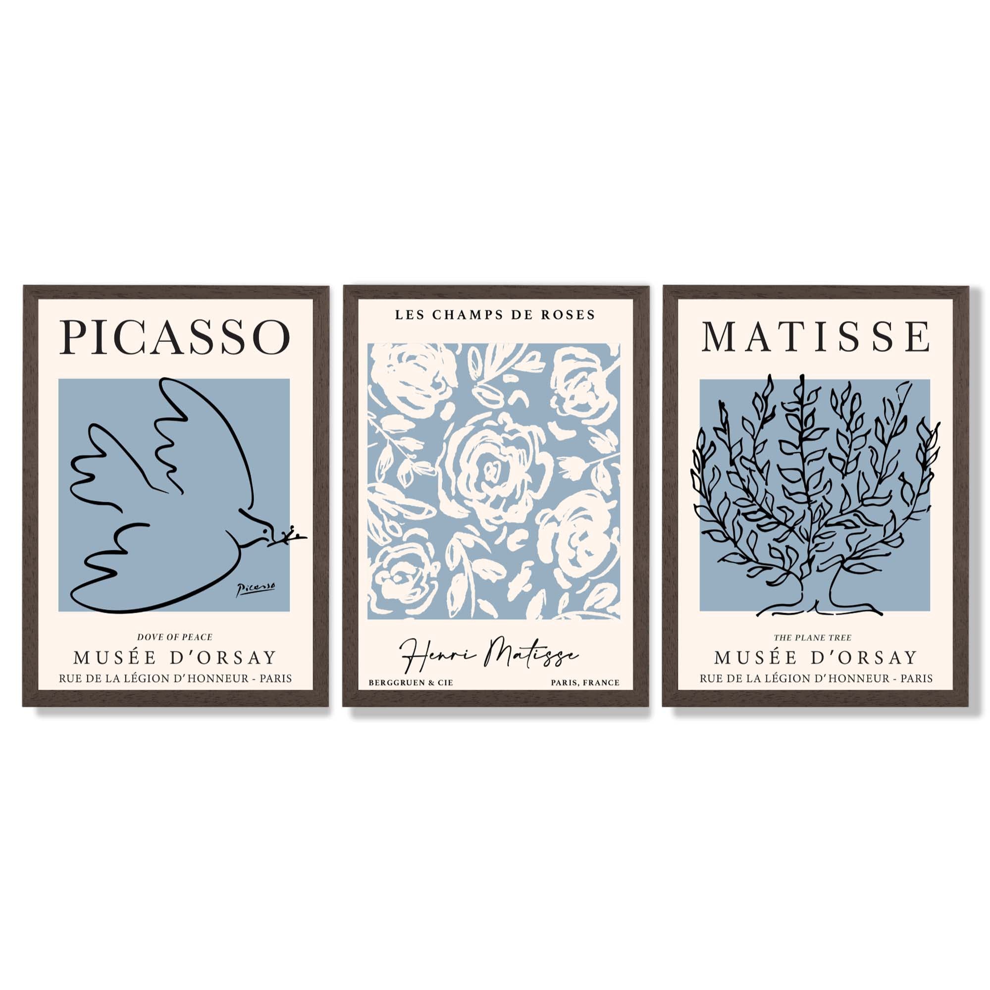 Set of 3 Minimal Picasso,Matisse Light Blue Nature Themed Framed Wall Art with Dark Wood Frames