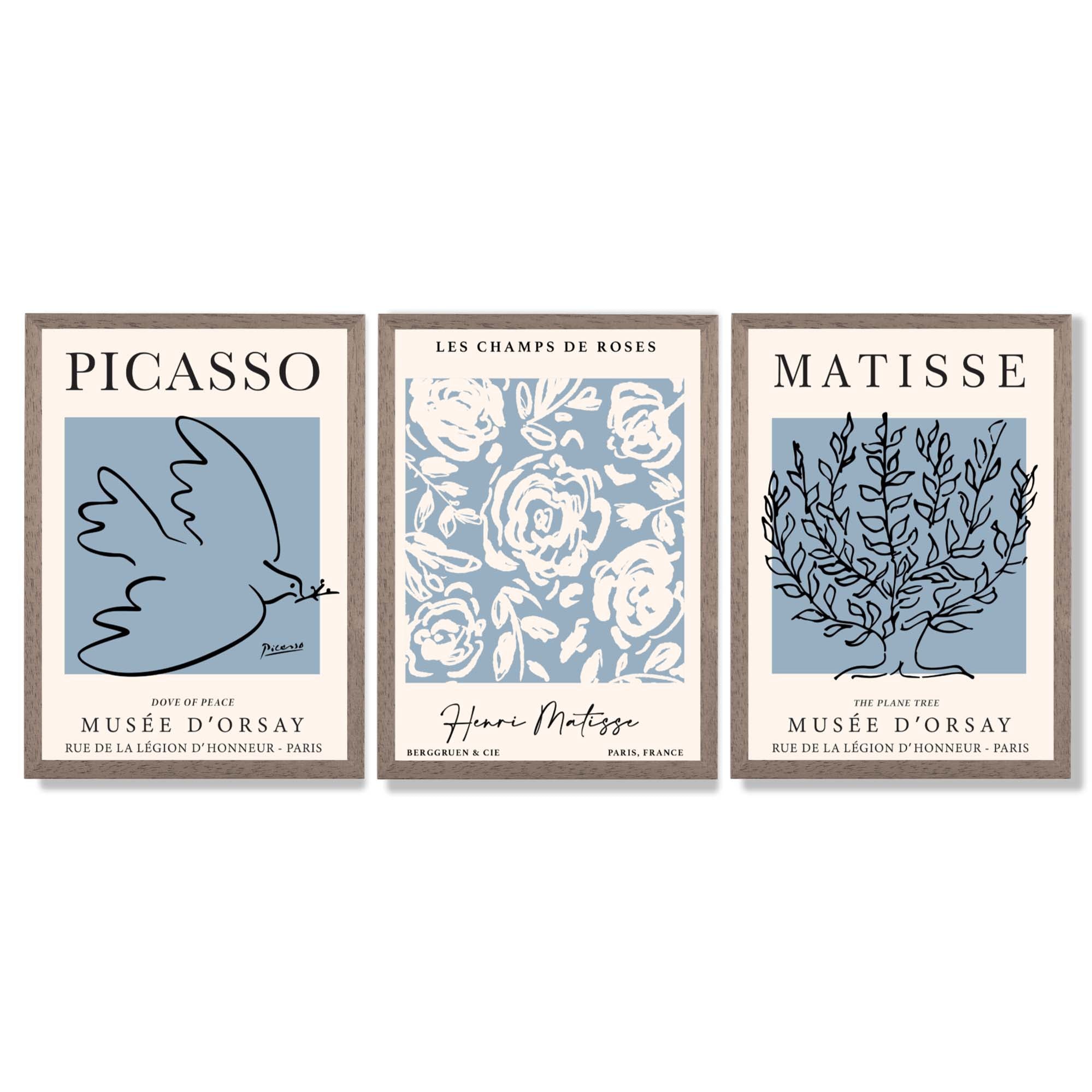 Set of 3 Minimal Picasso,Matisse Light Blue Nature Themed Framed Wall Art with Light Walnut Frames