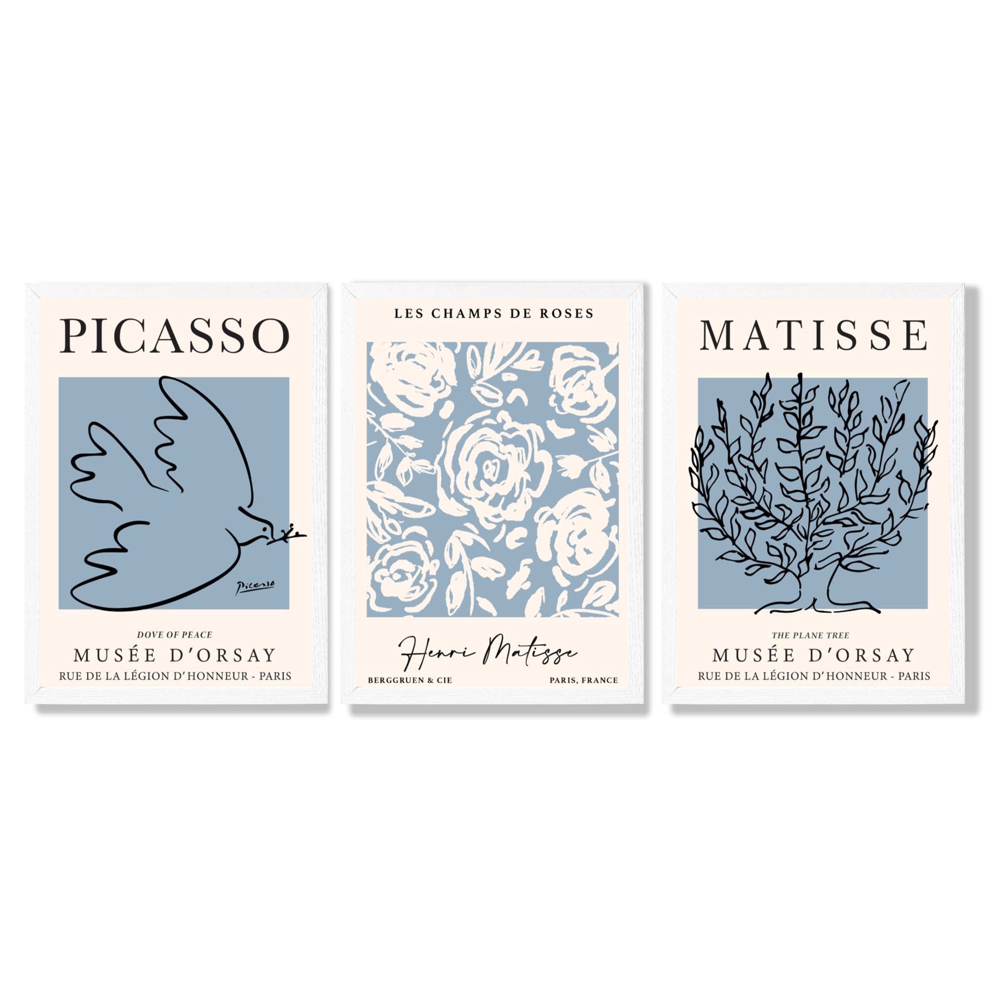 Set of 3 Minimal Picasso,Matisse Light Blue Nature Themed Framed Wall Art with White Wooden Frames