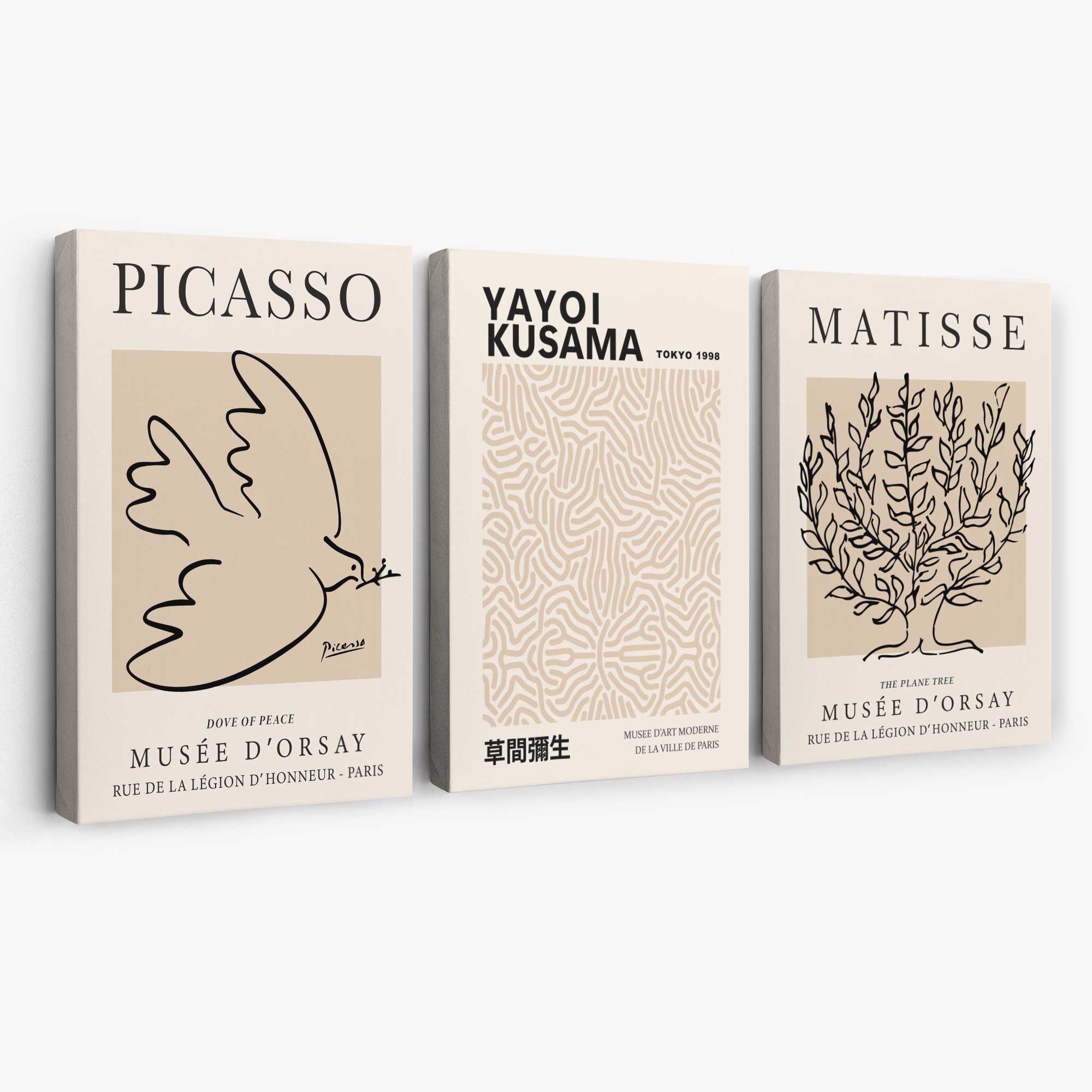 Set of 3 Picasso,Matisse and Yayoi Kusama Neutral Beige Canvas Prints | Artze Wall Art