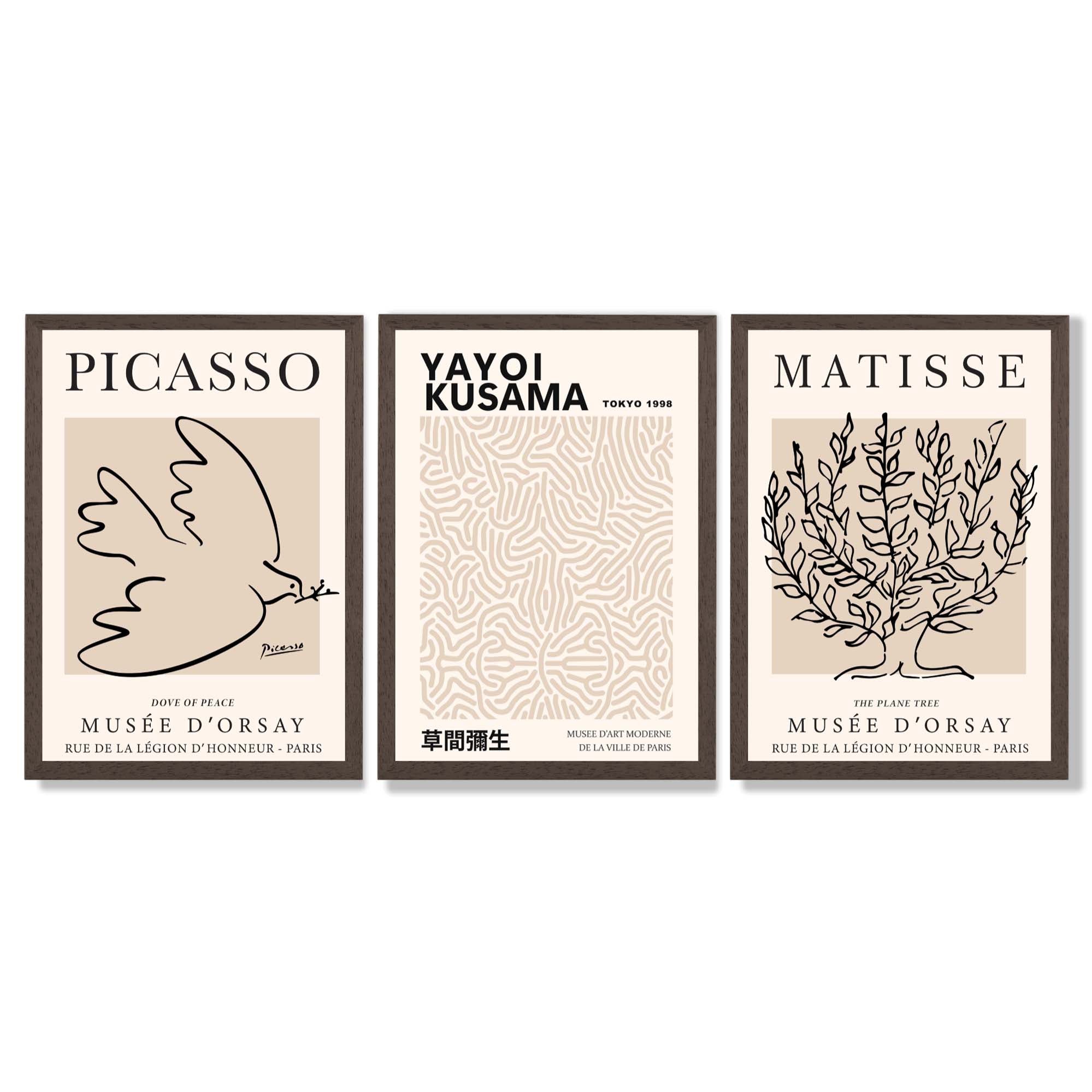 Set of 3 Picasso,Matisse and Yayoi Kusama Neutral Beige Framed Wall Art with Dark Wood Frames