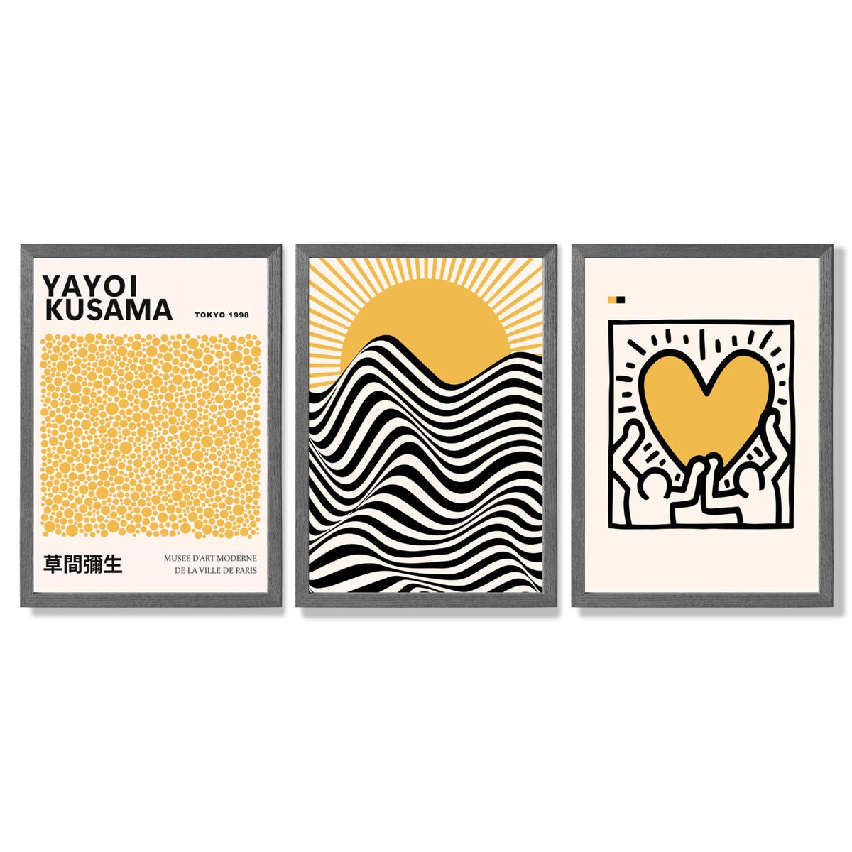 Set of 3 Yayoi Kusama, Bauhaus Yellow Framed Wall Art with Dark Grey Wooden Frames