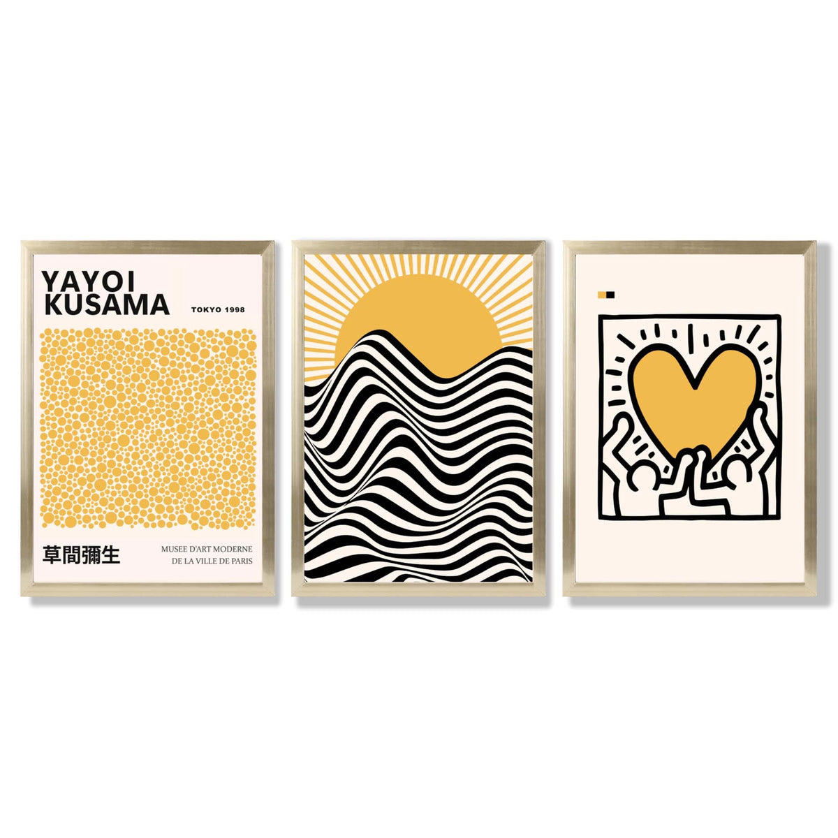 Set of 3 Yayoi Kusama, Bauhaus Yellow Framed Wall Art with Gold Wood Frames