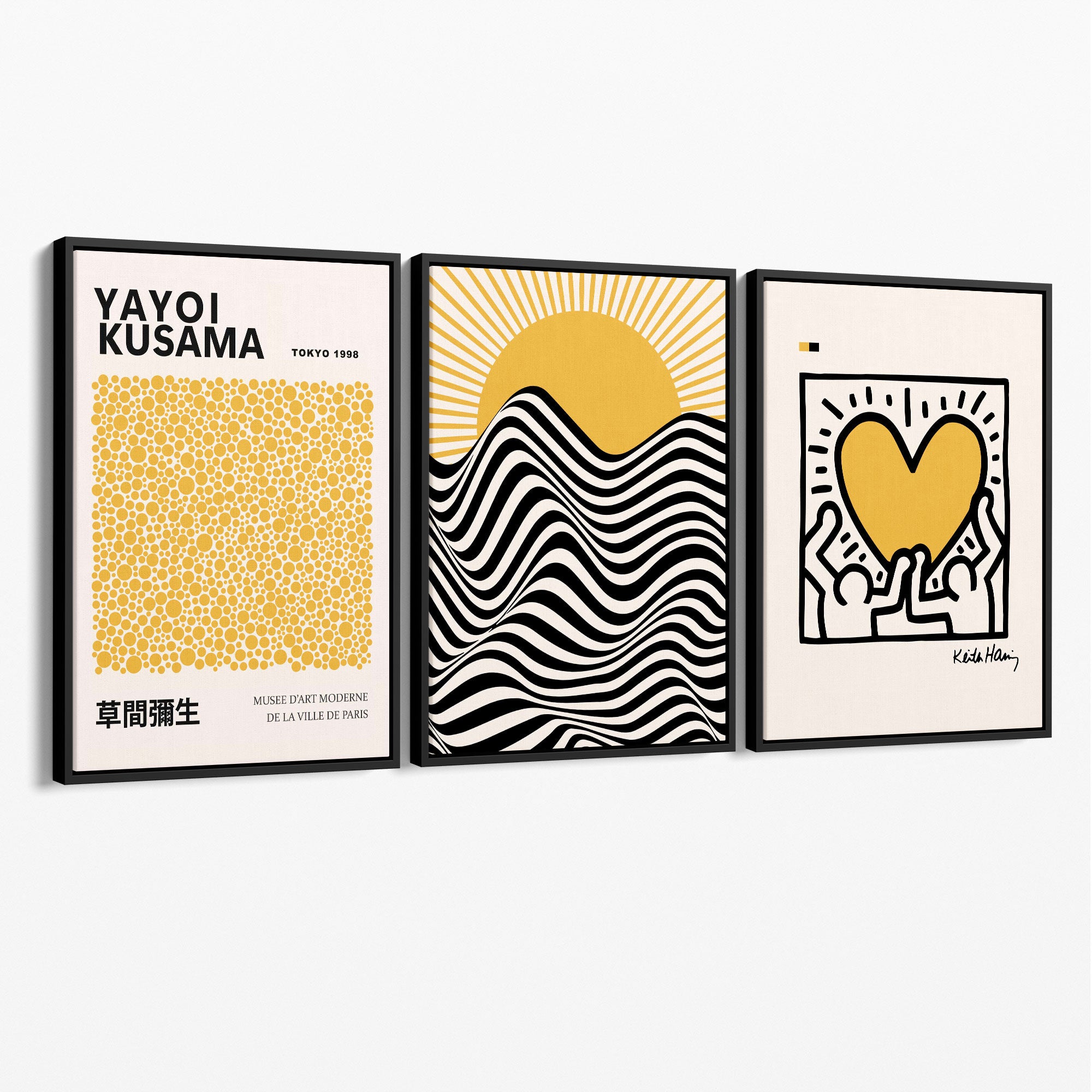 Set of 3 Yayoi Kusama, Keith Haring Yellow Canvas Prints with Black Float Frame