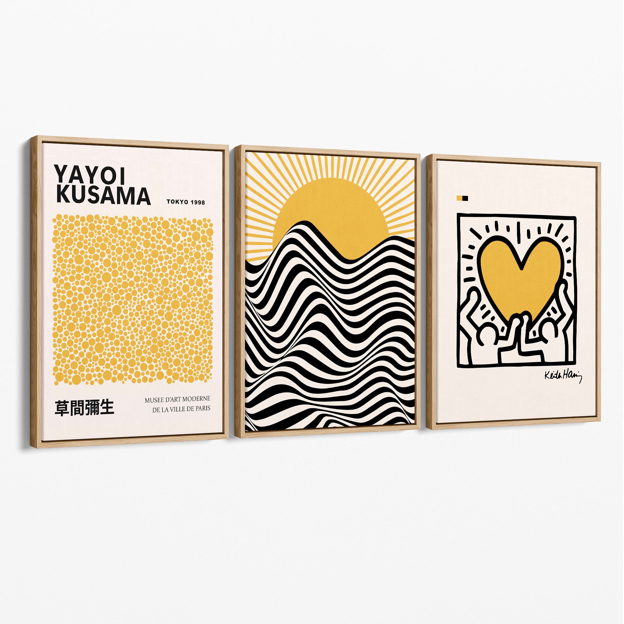 Set of 3 Yayoi Kusama, Keith Haring Yellow Canvas Prints with Oak Float Frame