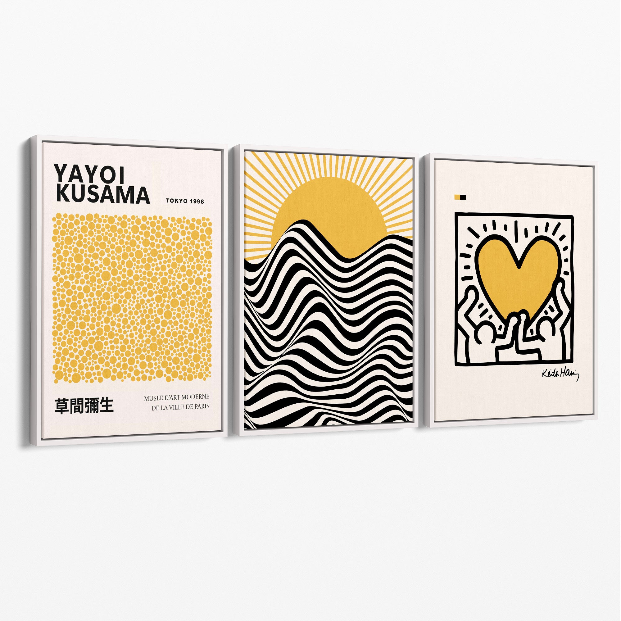 Set of 3 Yayoi Kusama, Keith Haring Yellow Canvas Prints with White Float Frame