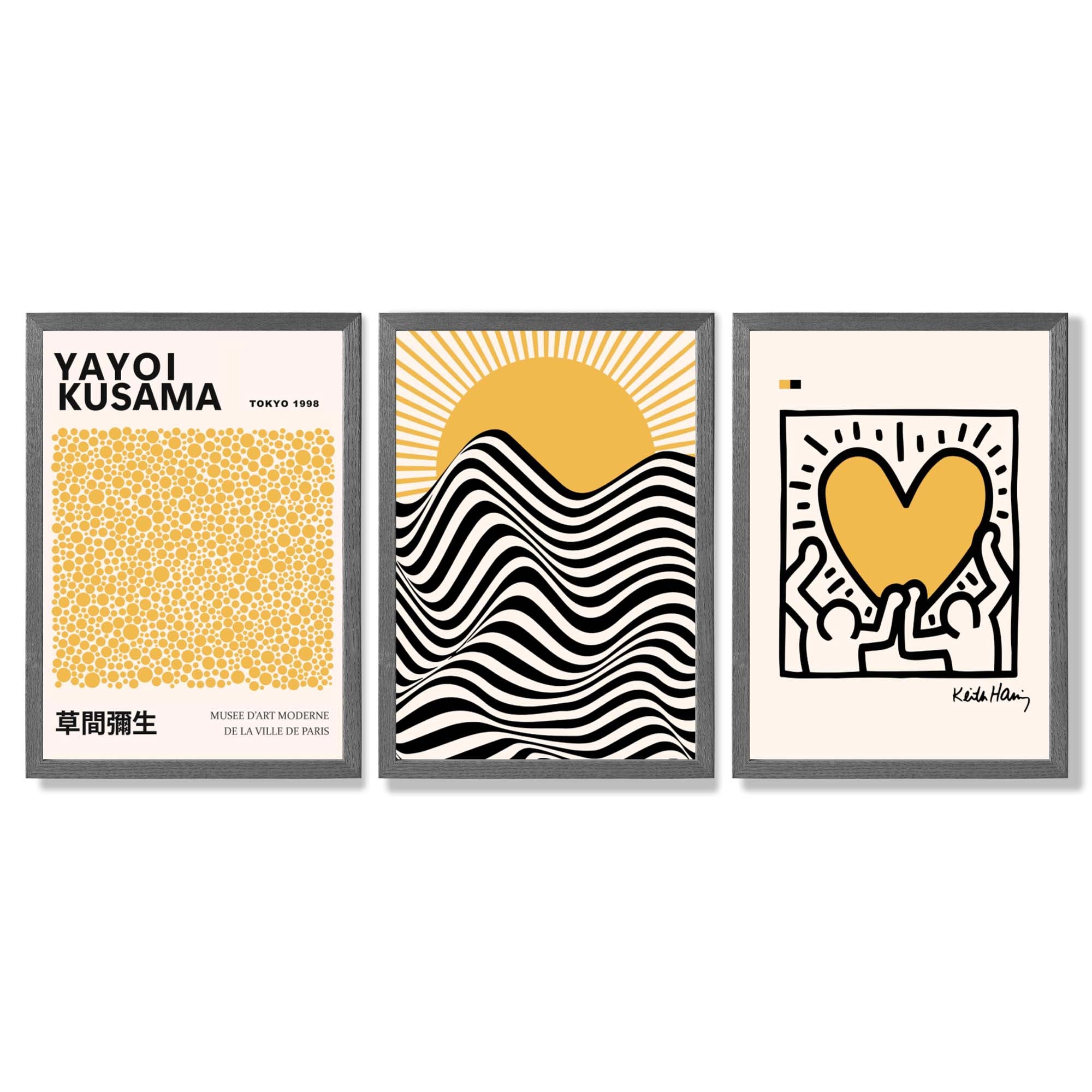 Set of 3 Yayoi Kusama, Keith Haring Yellow Framed Wall Art with Dark Grey Wooden Frames