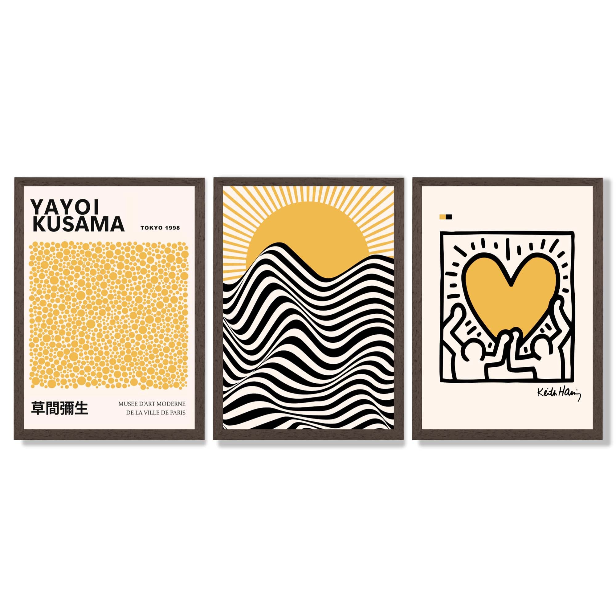 Set of 3 Yayoi Kusama, Keith Haring Yellow Framed Wall Art with Dark Wood Frames