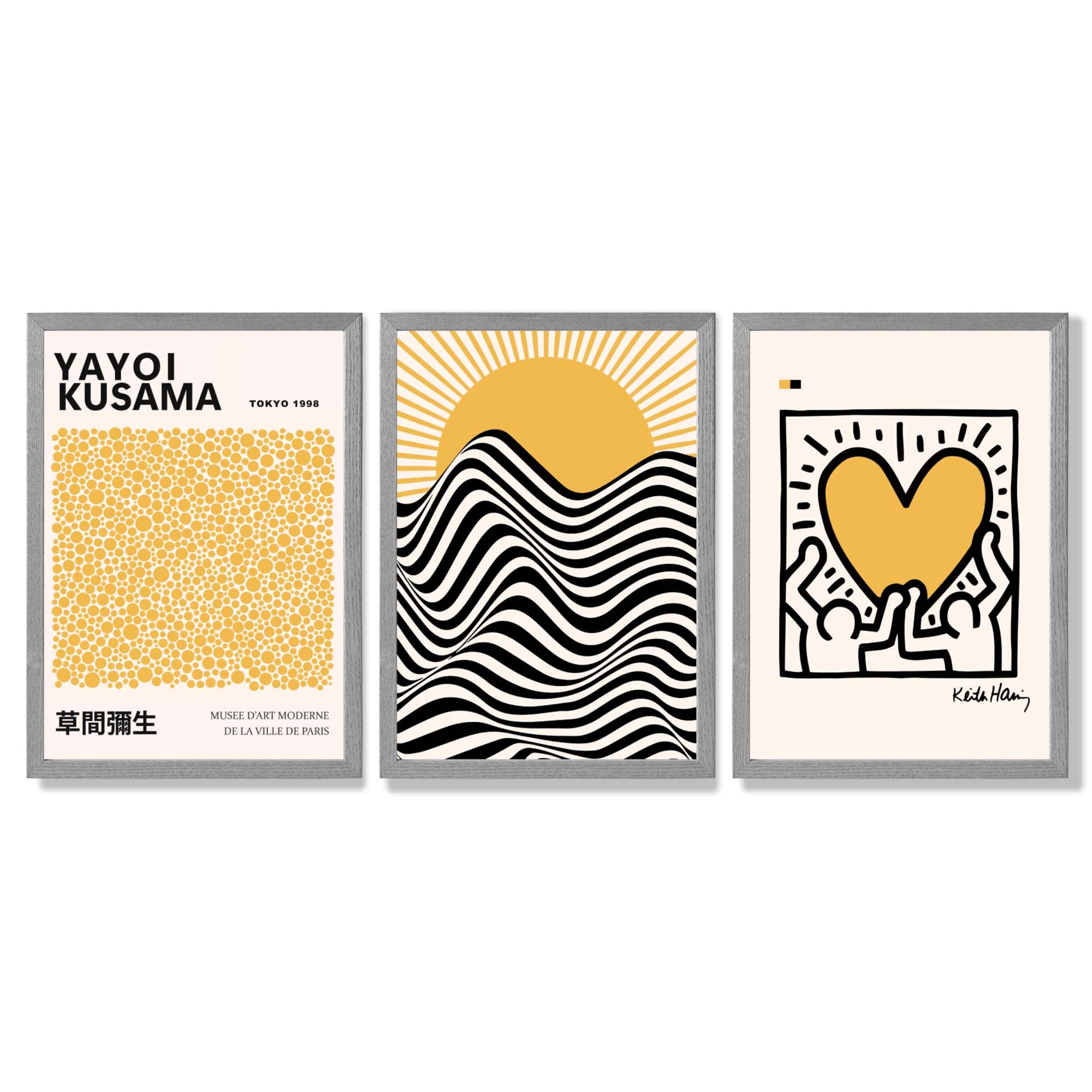 Set of 3 Yayoi Kusama, Keith Haring Yellow Framed Wall Art with Light Grey Wooden Frames