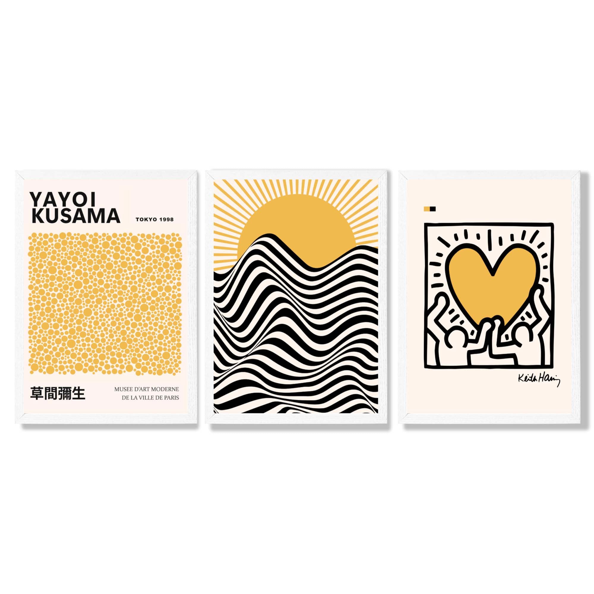 Set of 3 Yayoi Kusama, Keith Haring Yellow Framed Wall Art with White Wooden Frames