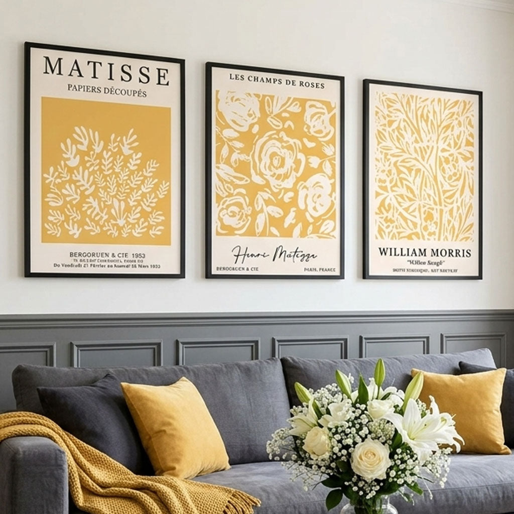 Stunning Dark Grey Living Room Showcasing a Set of 3 Matisse & William Morris Floral in Yellow Art Prints in Black Frames | Artze UK