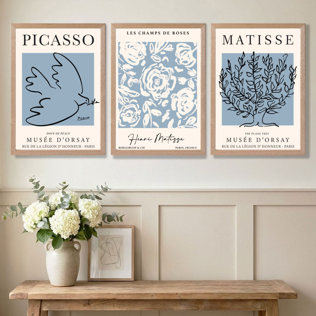 Stylish Decor with a Set of 3 Minimal Picasso,Matisse Light Blue Nature Themed Art Prints in Oak Frames | Artze UK