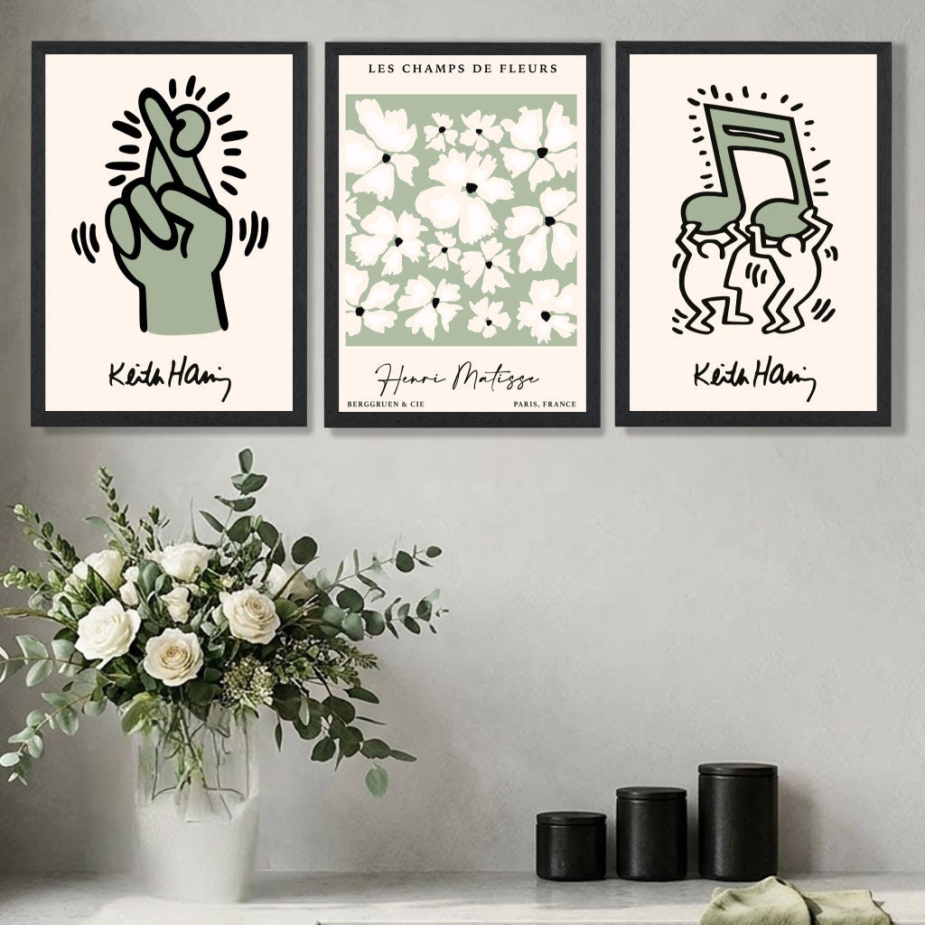 Stylish Interior featuring a Set of 3 Keith Haring and Matisse Green Art Prints in Black Frames | Artze UK