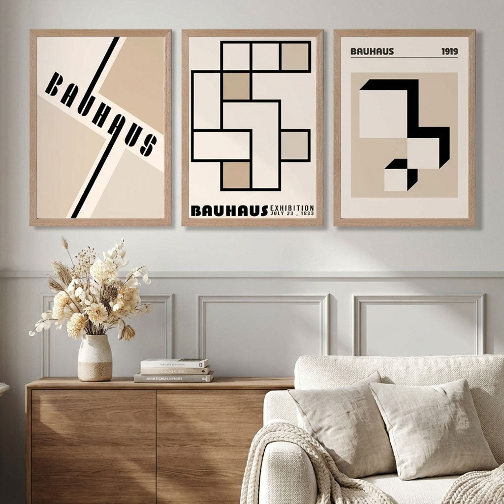 Stylish Living Room featuring a Set of 3 Bauhaus Geometric Neutral Beige Art Prints in Oak Frames | Artze UK
