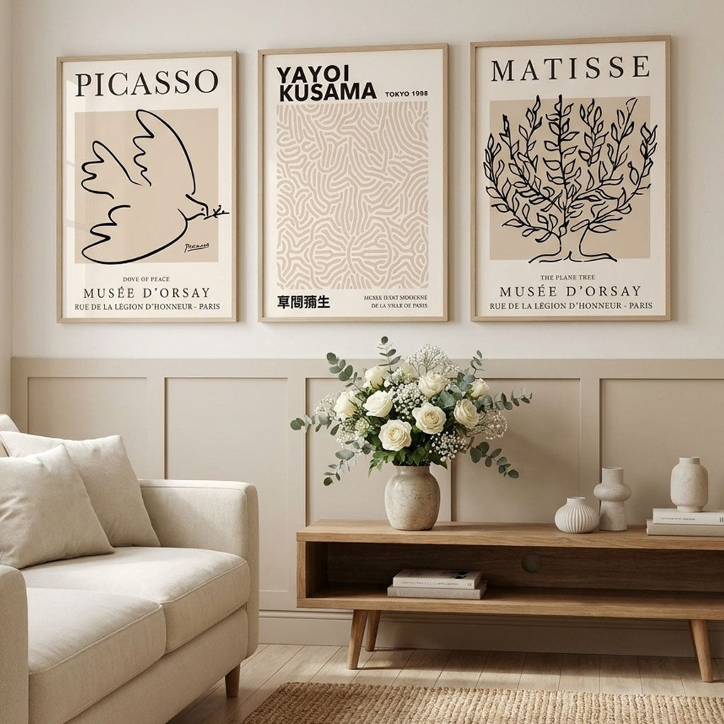 Stylish Living Room featuring a Set of 3 Picasso,Matisse and Yayoi Kusama Neutral Beige Art Prints in Oak Frames | Artze UK