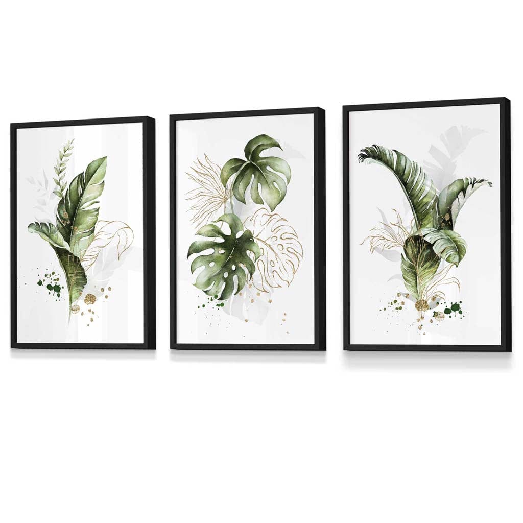 Botanical Set of 3 Green and Gold Floral Framed Wall Art Prints Artze Wall Art