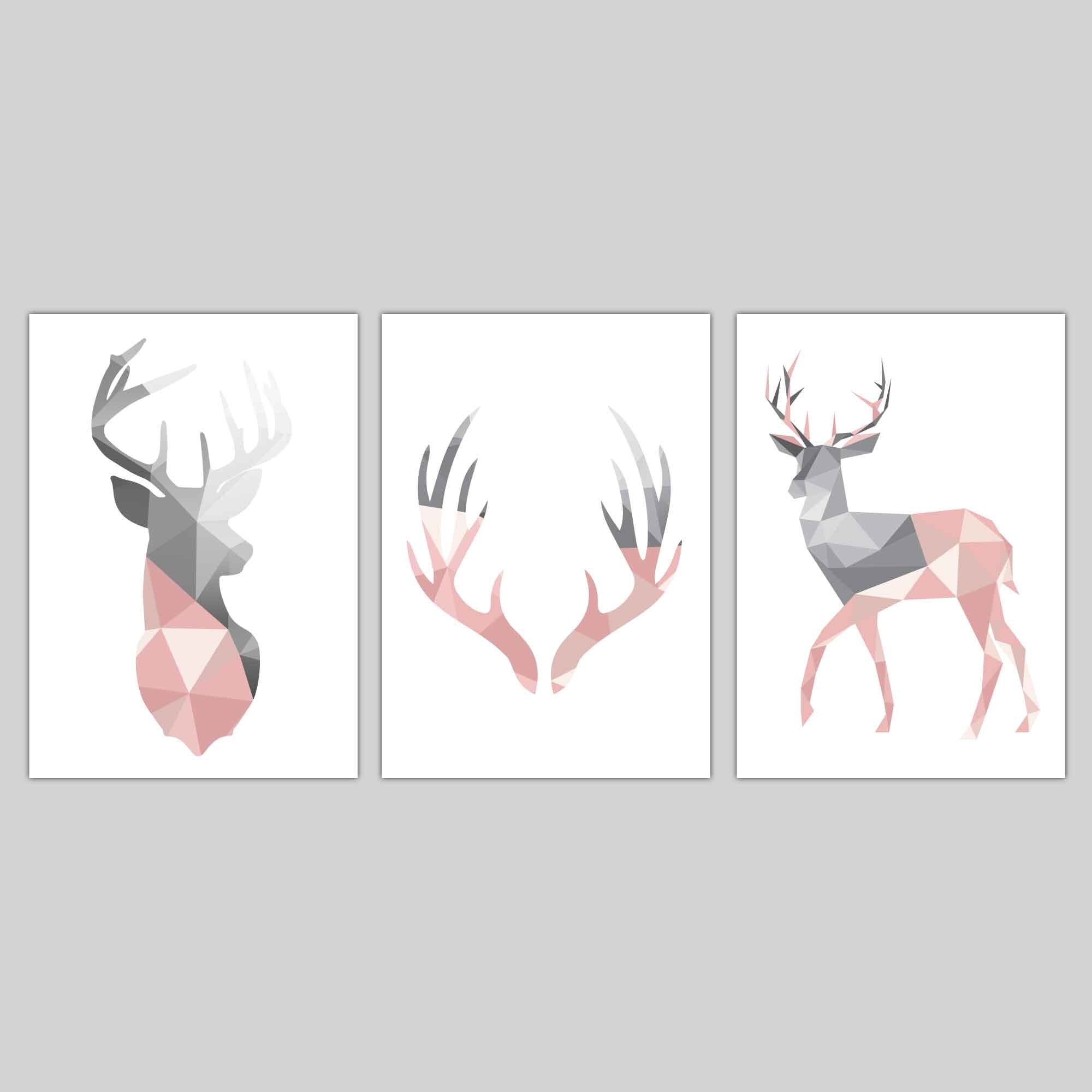 GEOMETRIC set of 3 Blush PINK & Grey Art Prints STAG Antler