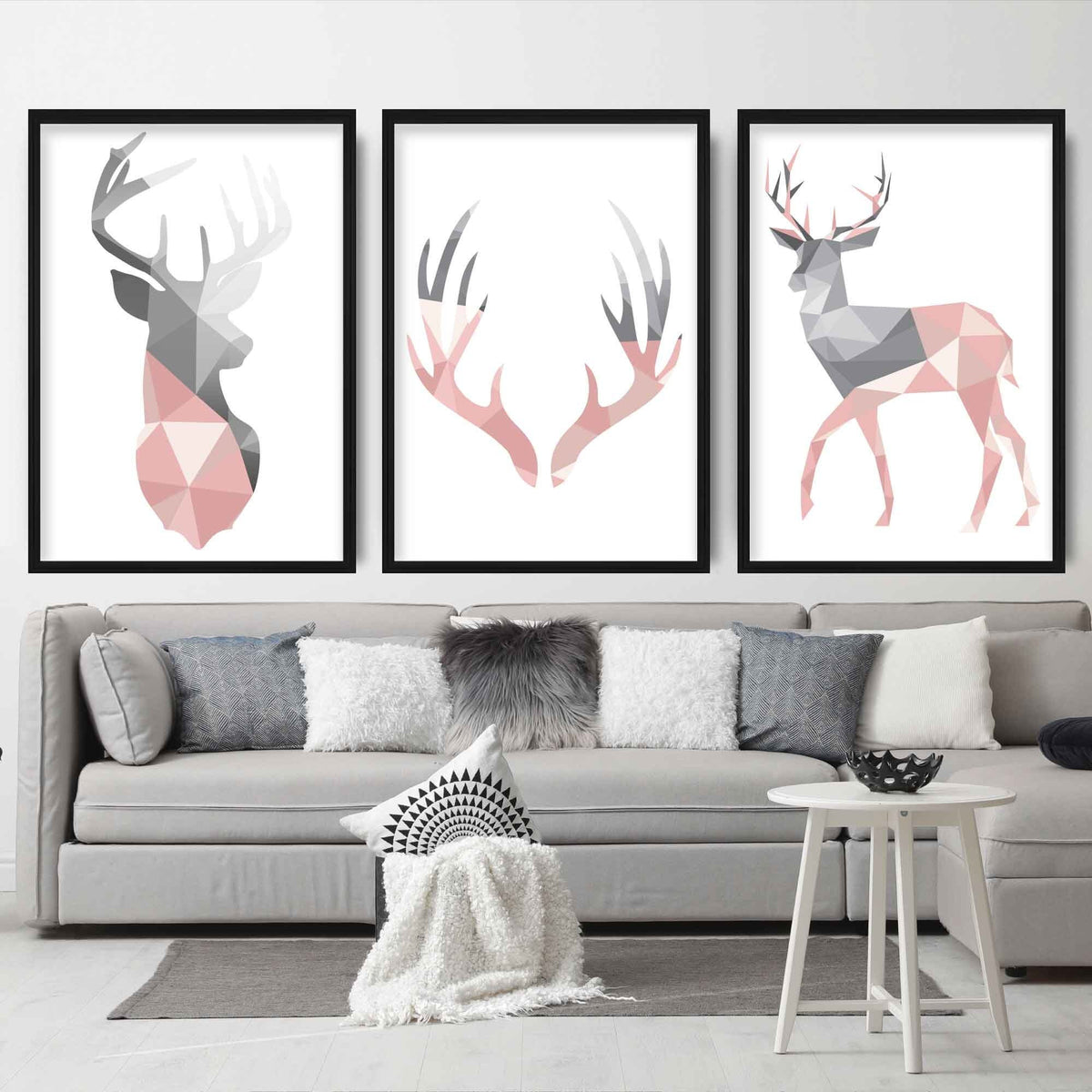 Set of 3 Geometric Line Art Yellow Stag Head Triangles Wall Art Prints / 30x42cm (A3) / Dark Set of 3 Geometric Line Art Yellow Stag Head Triangles Wall Art Prints / 30x42cm (A3) / Dark