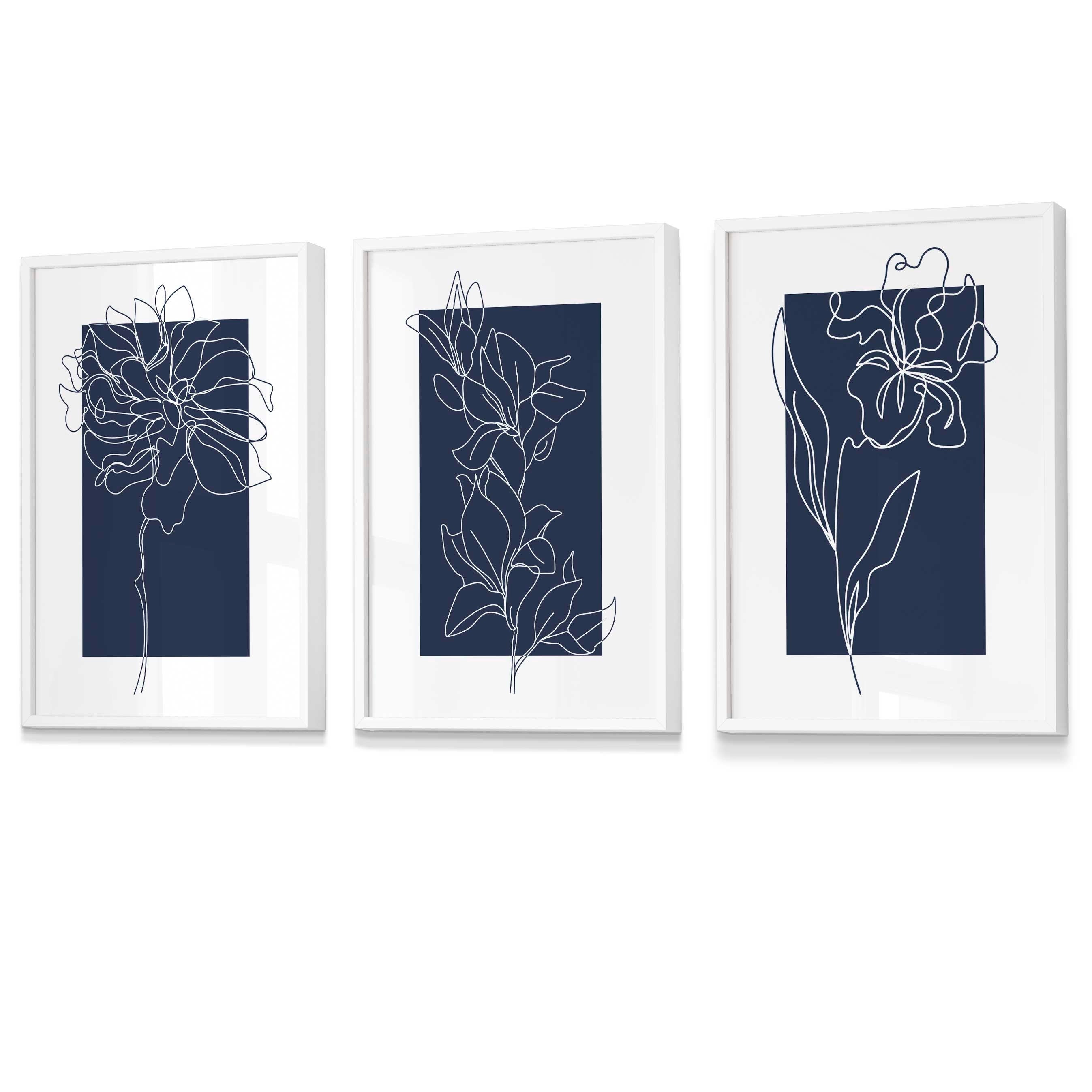 Blue Wall Prints, Set of 3 Prints, Botanical Wall Prints, Plant Wall Art, Botanical Line Art, Blue Home Decor, Hand Drawn Flowers Navy Blue