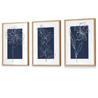 Blue Wall Prints, Set of 3 Prints, Botanical Wall Prints, Plant Wall Art, Botanical Line Art, Blue Home Decor, Hand Drawn Flowers Navy Blue