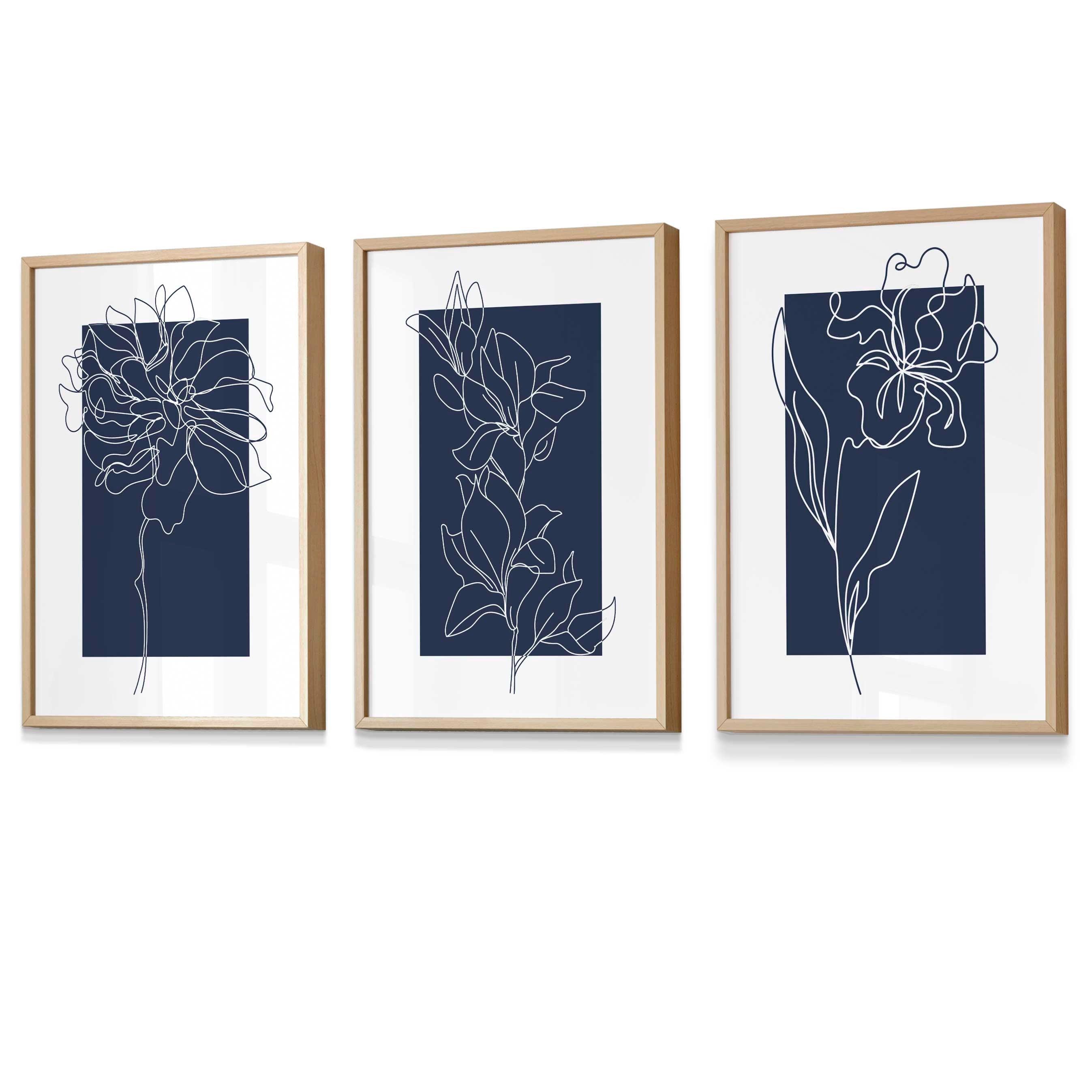 Blue Wall Prints, Set of 3 Prints, Botanical Wall Prints, Plant Wall Art, Botanical Line Art, Blue Home Decor, Hand Drawn Flowers Navy Blue