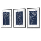 Blue Wall Prints, Set of 3 Prints, Botanical Wall Prints, Plant Wall Art, Botanical Line Art, Blue Home Decor, Hand Drawn Flowers Navy Blue