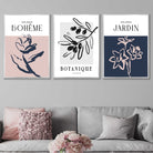 Boho Botanical Art, Set of 3, Modern Wall Decor, Minimalist Art Prints, Sketch Leaves Flowers Blush Pink Navy Blue and Grey Wall Art