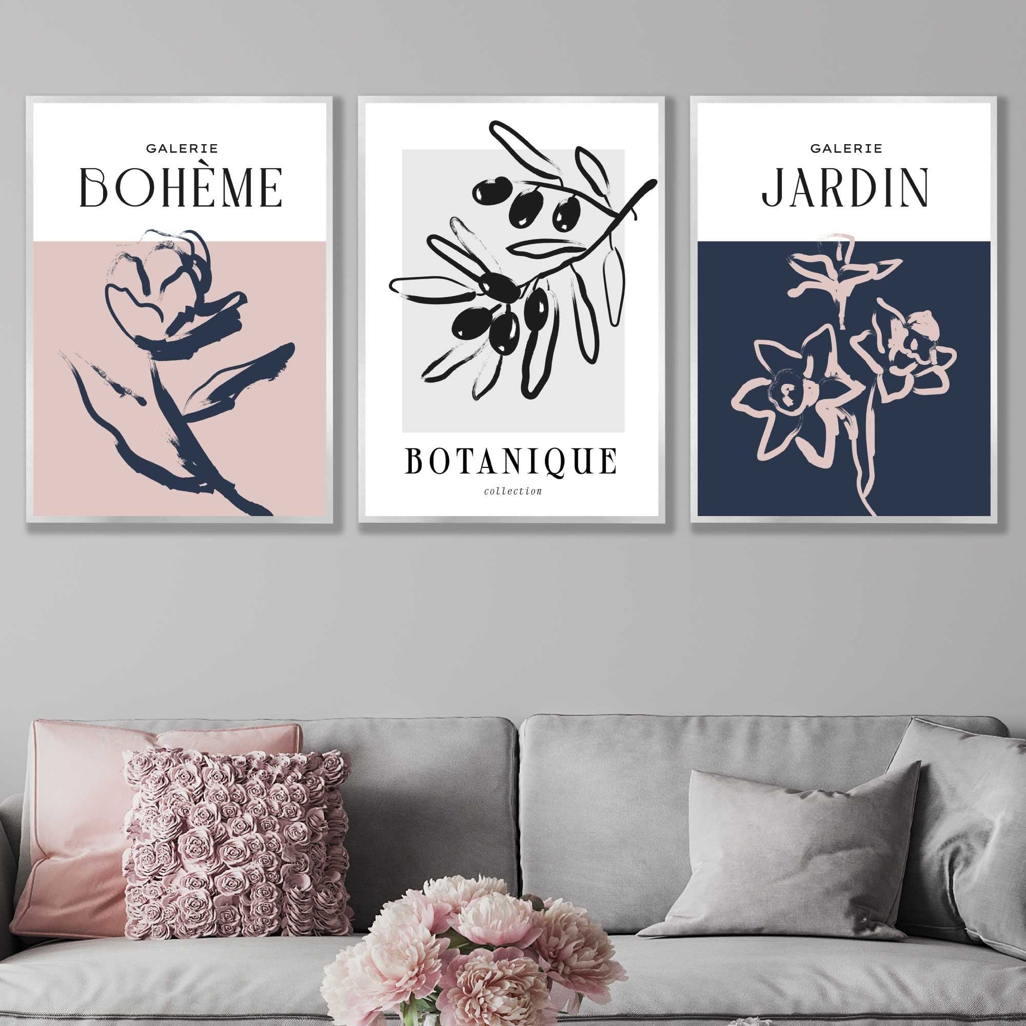 Boho Botanical Art, Set of 3, Modern Wall Decor, Minimalist Art Prints, Sketch Leaves Flowers Blush Pink Navy Blue and Grey Wall Art